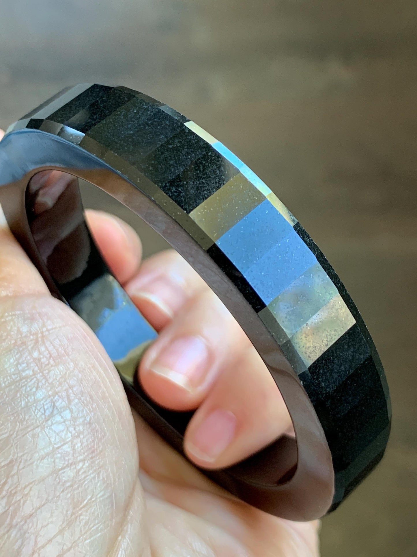 Certified Natural Grade A Opaque Black Jade Jadeite Faceted Wide Square-edged Bangle 58.73mm 7.26” 61.27g 天然墨翠宽版切割面手镯 945