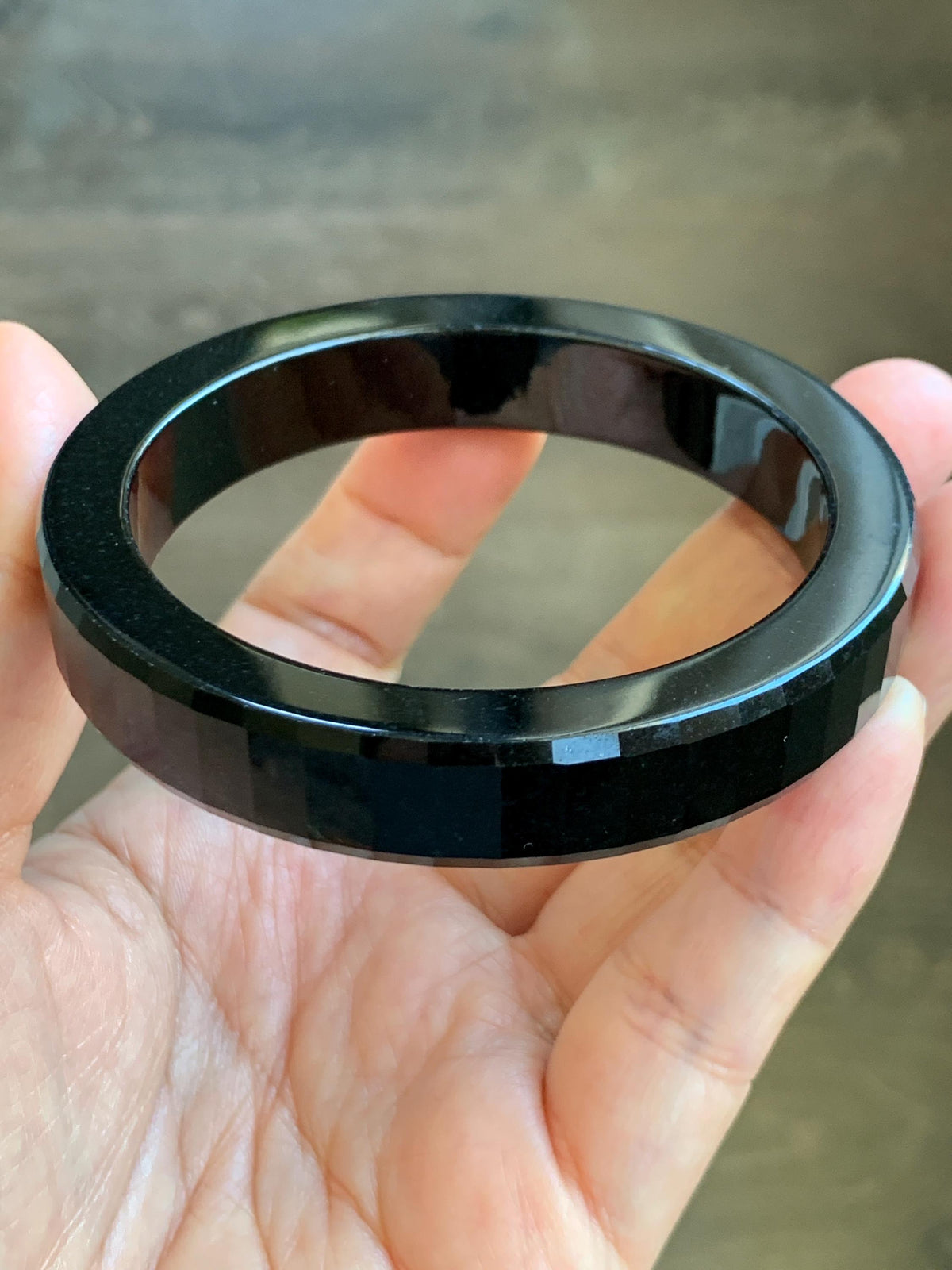 Certified Natural Grade A Opaque Black Jade Jadeite Faceted Wide Square-edged Bangle 58.73mm 7.26” 61.27g 天然墨翠宽版切割面手镯 945