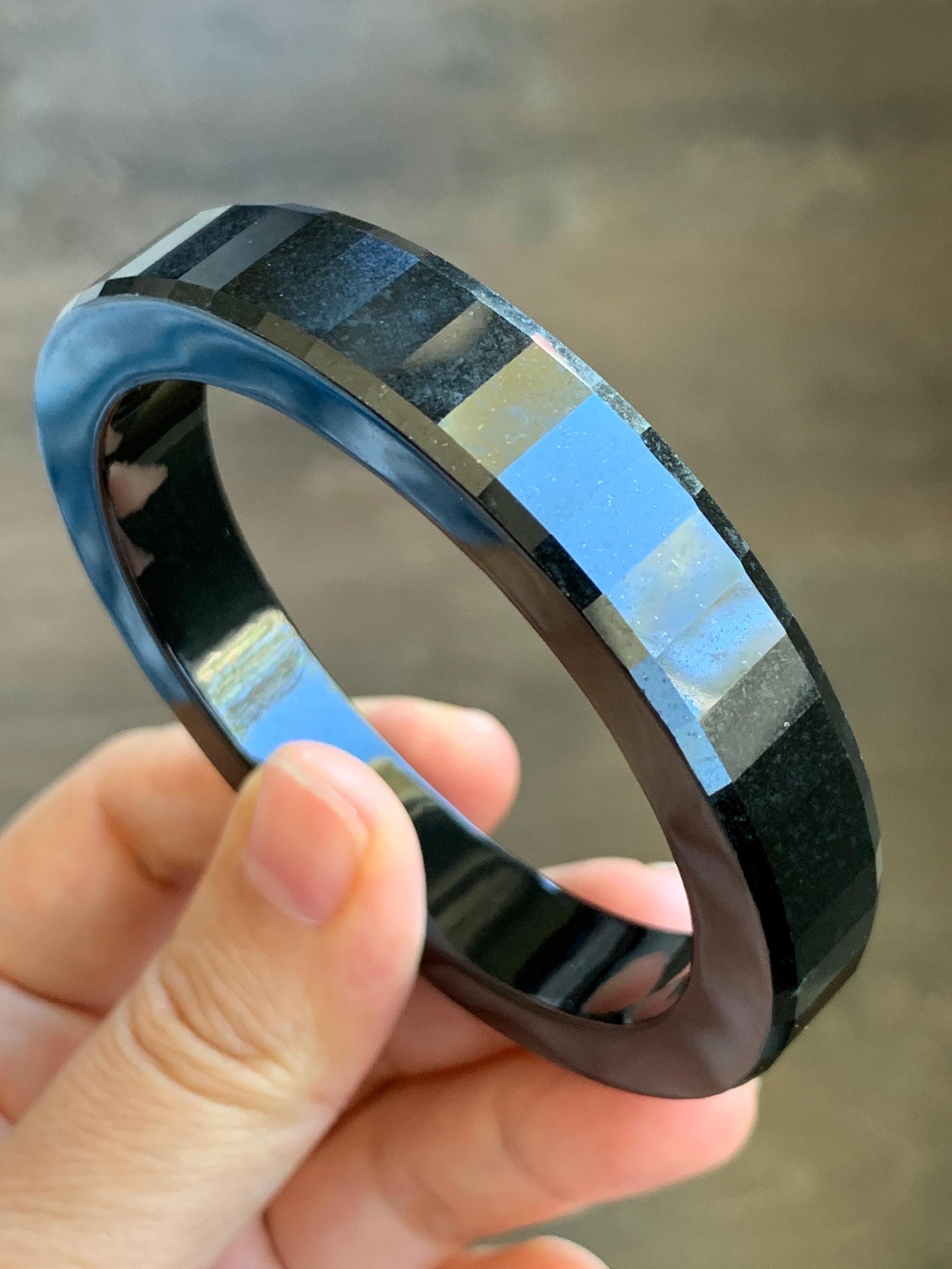 Certified Natural Grade A Opaque Black Jade Jadeite Faceted Wide Square-edged Bangle 58.73mm 7.26” 61.27g 天然墨翠宽版切割面手镯 945