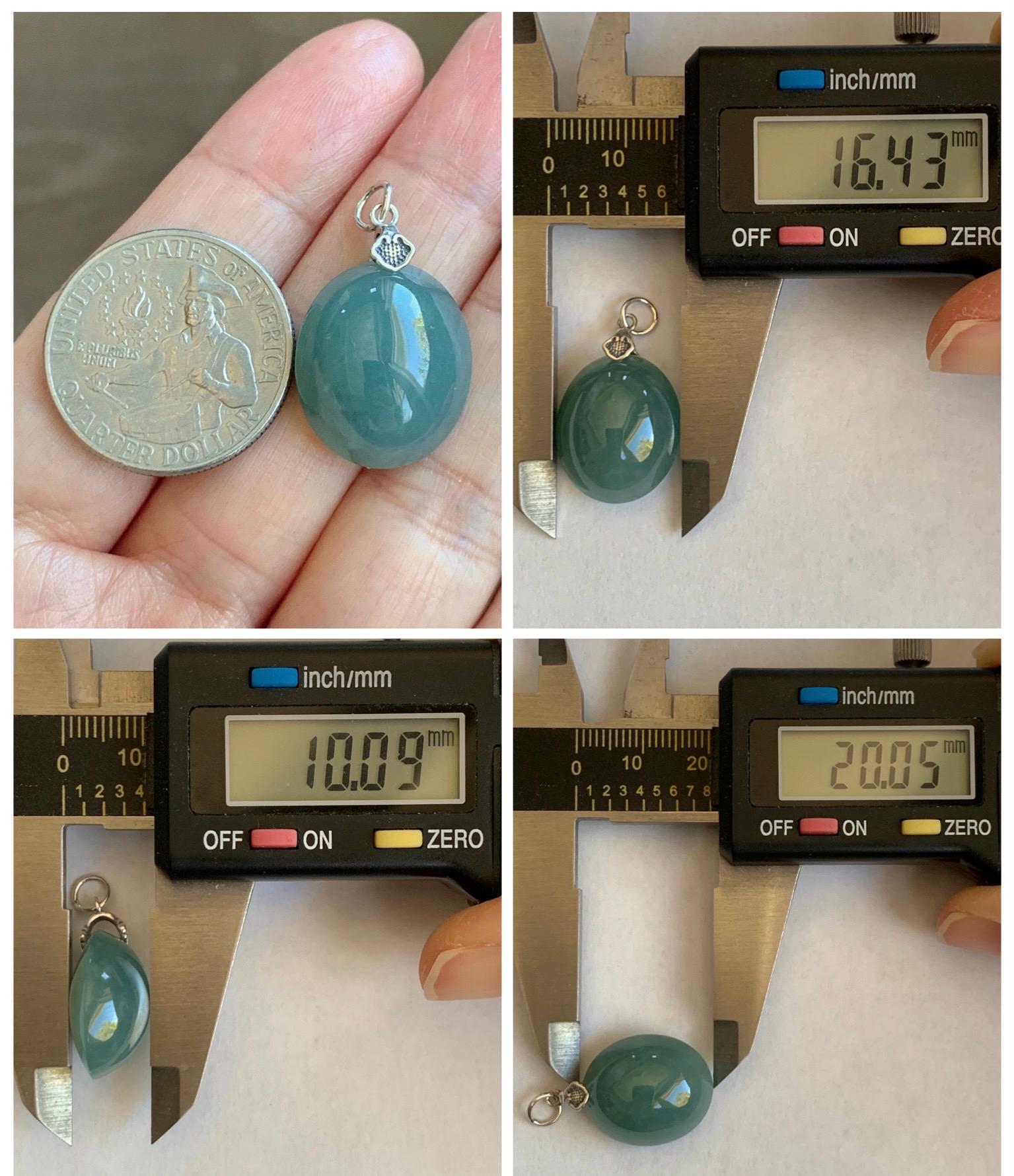 Natural Grade A Guatemalan Icy Translucent Dark Teal Blue Jade Jadeite Large Oval Pendant Sterling Silver 5g 天然冰危蓝翡翠椭圆蛋面吊坠 WLO60
