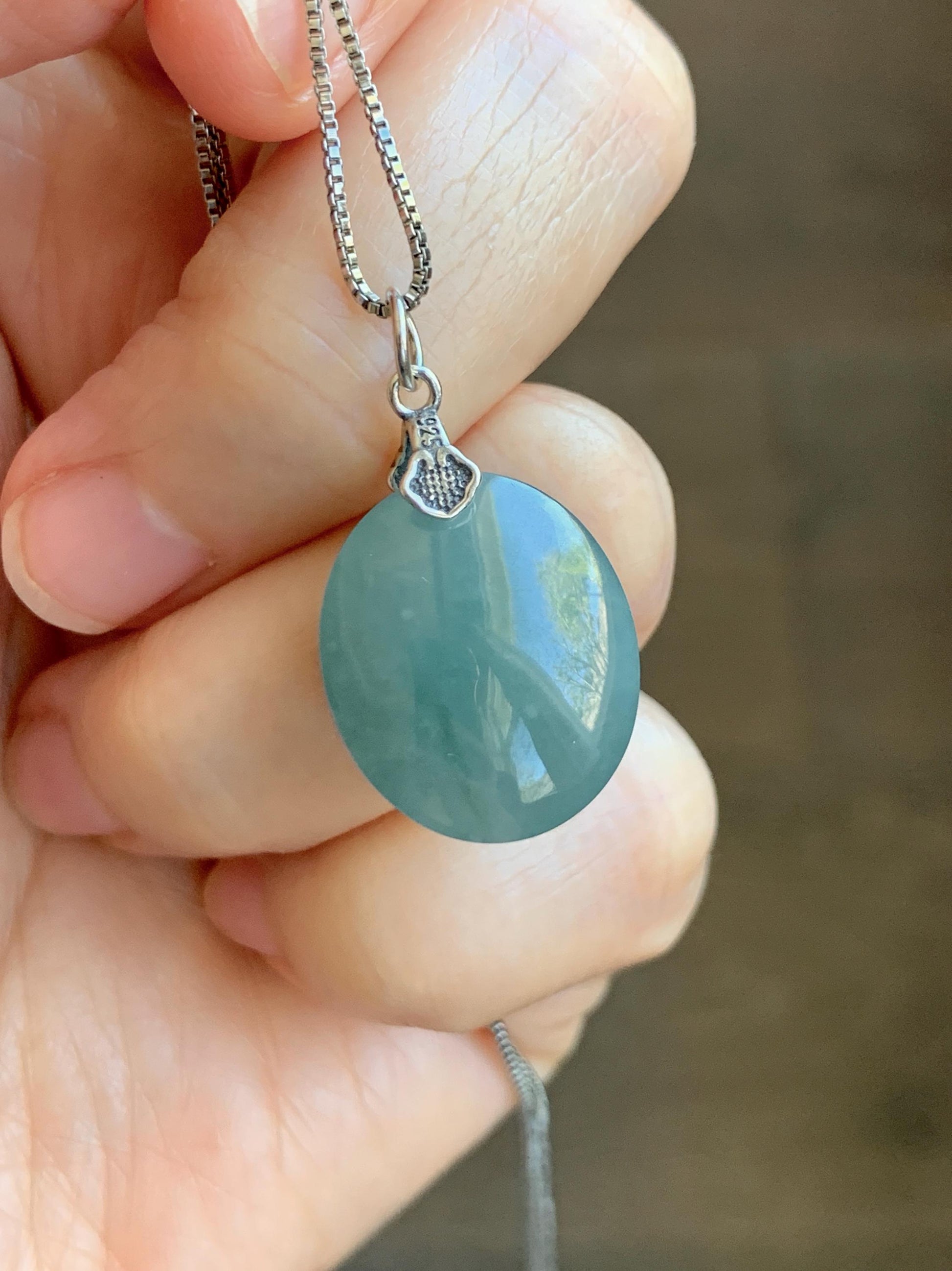Natural Grade A Guatemalan Icy Translucent Dark Teal Blue Jade Jadeite Large Oval Pendant Sterling Silver 5g 天然冰危蓝翡翠椭圆蛋面吊坠 WLO60