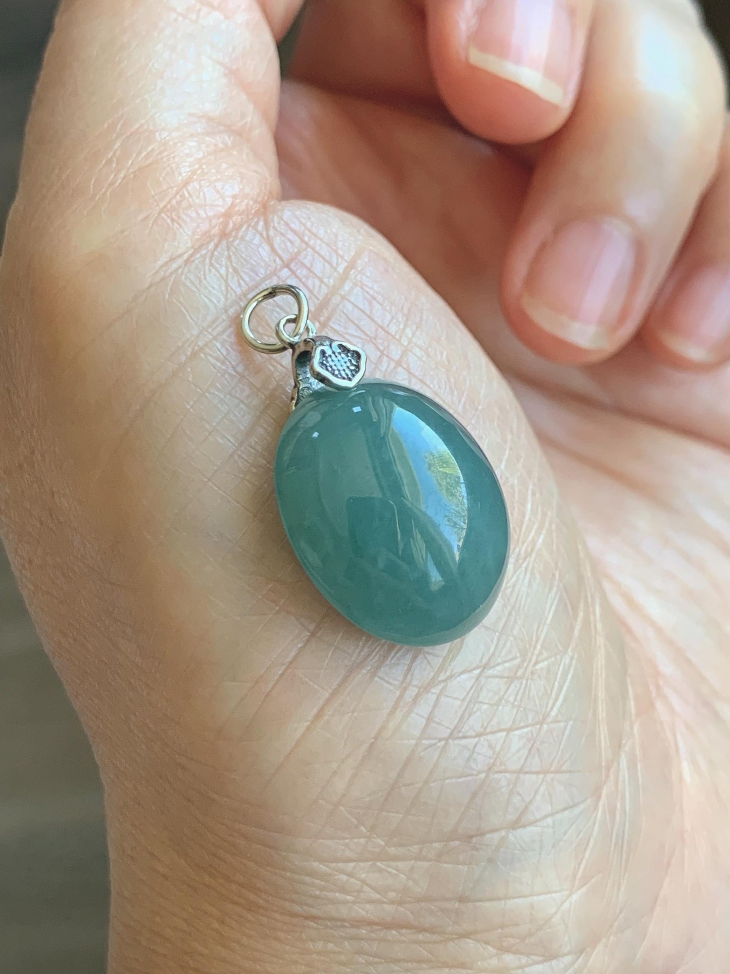 Natural Grade A Guatemalan Icy Translucent Dark Teal Blue Jade Jadeite Large Oval Pendant Sterling Silver 5g 天然冰危蓝翡翠椭圆蛋面吊坠 WLO60