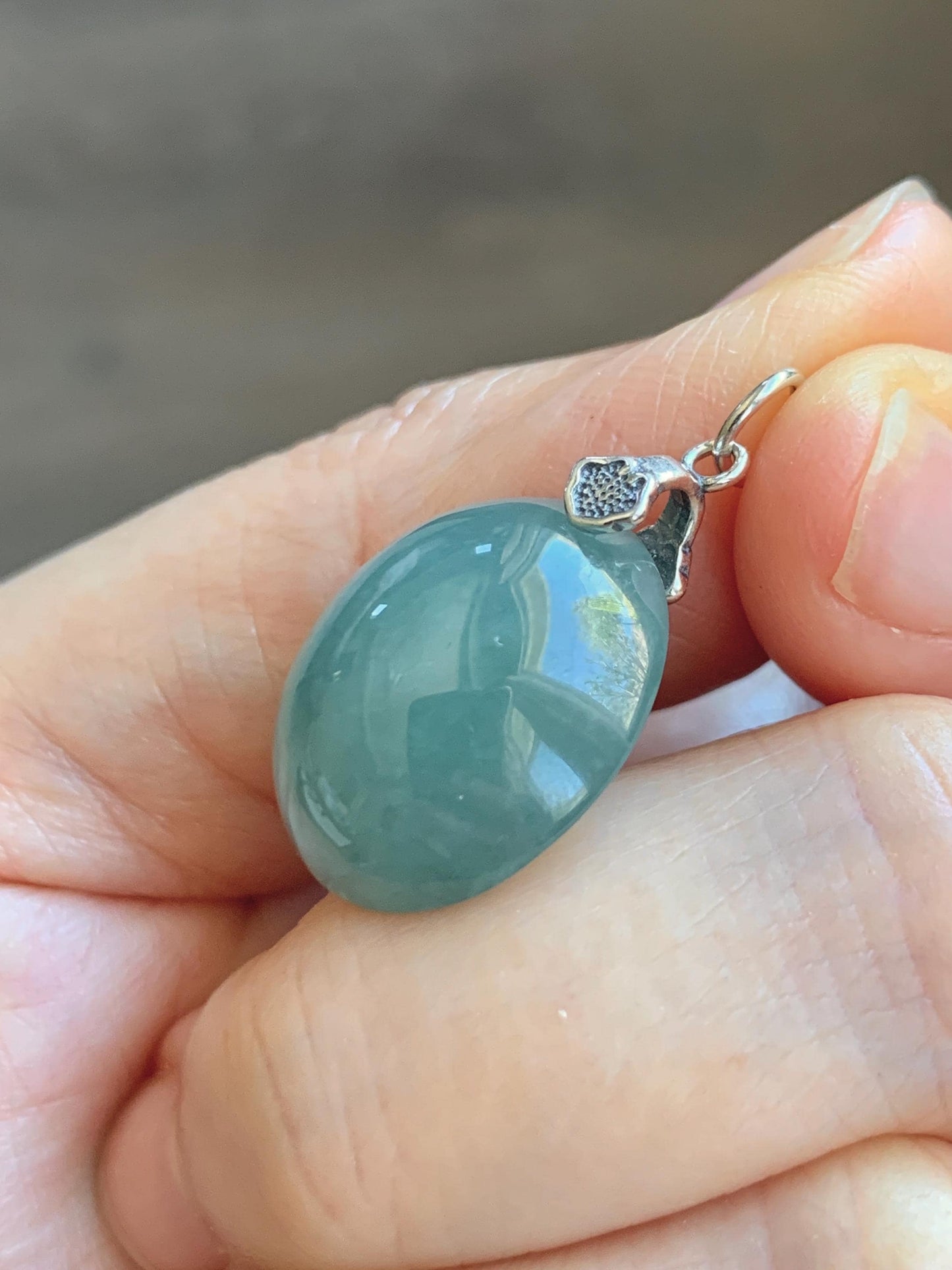 Natural Grade A Guatemalan Icy Translucent Dark Teal Blue Jade Jadeite Large Oval Pendant Sterling Silver 5g 天然冰危蓝翡翠椭圆蛋面吊坠 WLO60