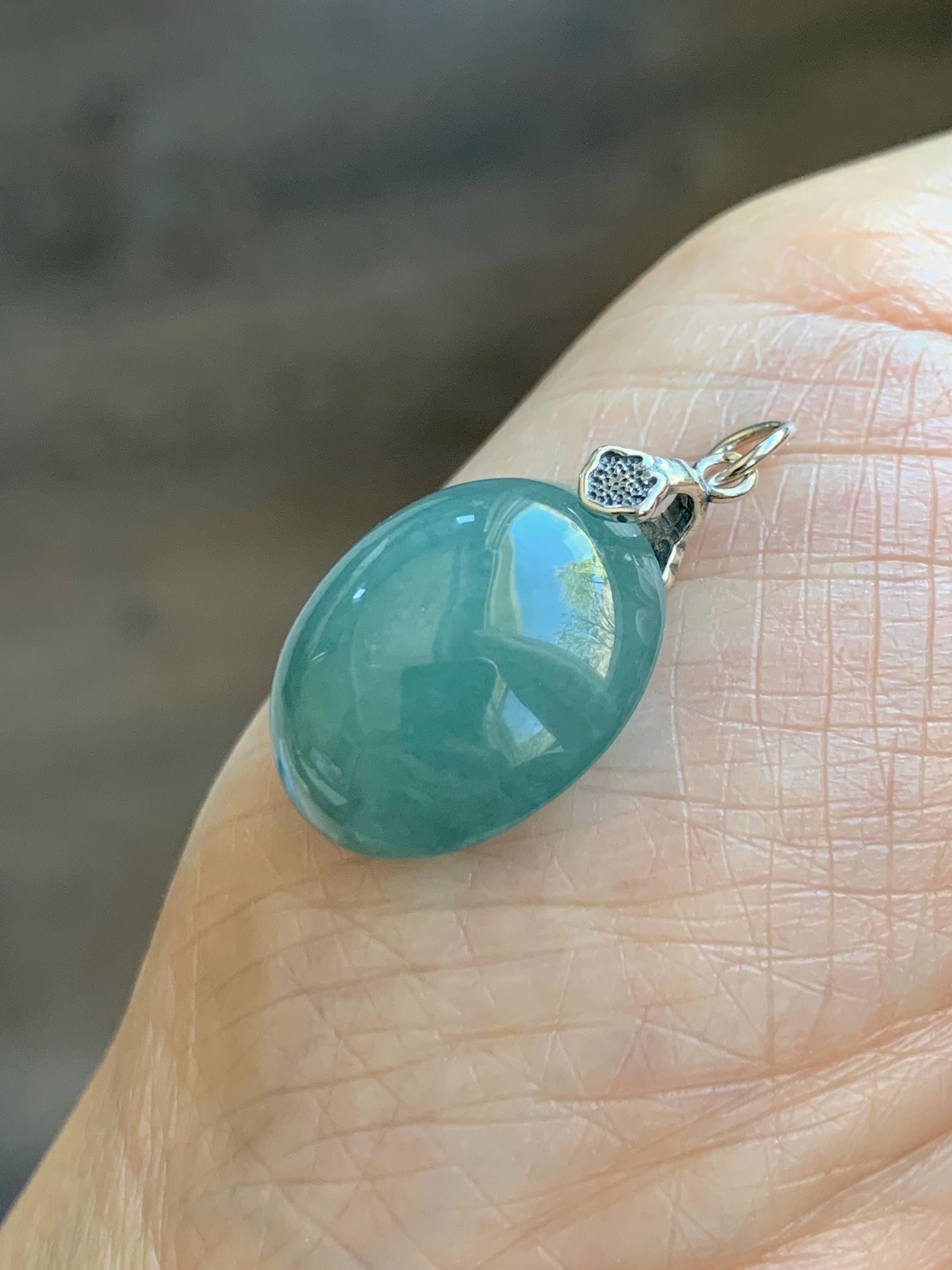 Natural Grade A Guatemalan Icy Translucent Dark Teal Blue Jade Jadeite Large Oval Pendant Sterling Silver 5g 天然冰危蓝翡翠椭圆蛋面吊坠 WLO60