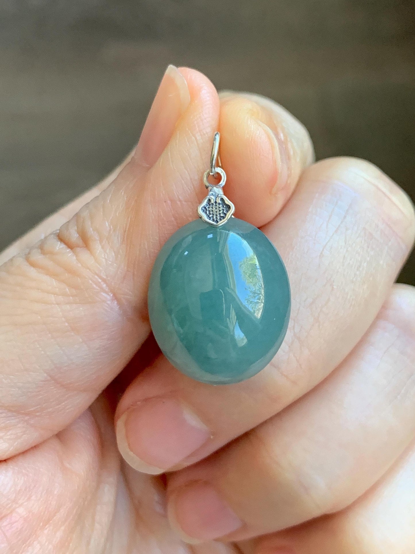 Natural Grade A Guatemalan Icy Translucent Dark Teal Blue Jade Jadeite Large Oval Pendant Sterling Silver 5g 天然冰危蓝翡翠椭圆蛋面吊坠 WLO60