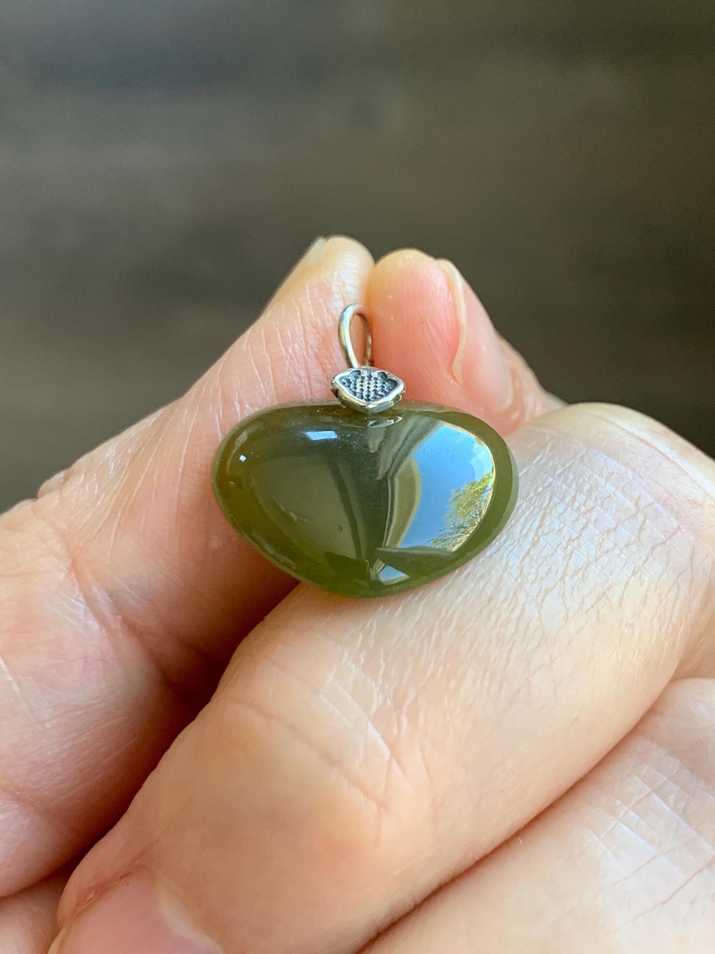 Natural Grade A Guatemalan Icy Translucent Deep Greenish Brown Jade Jadeite Heart Pendant Sterling Silver 2g 天然冰危深茶黄翡翠爱心吊坠 WCH70