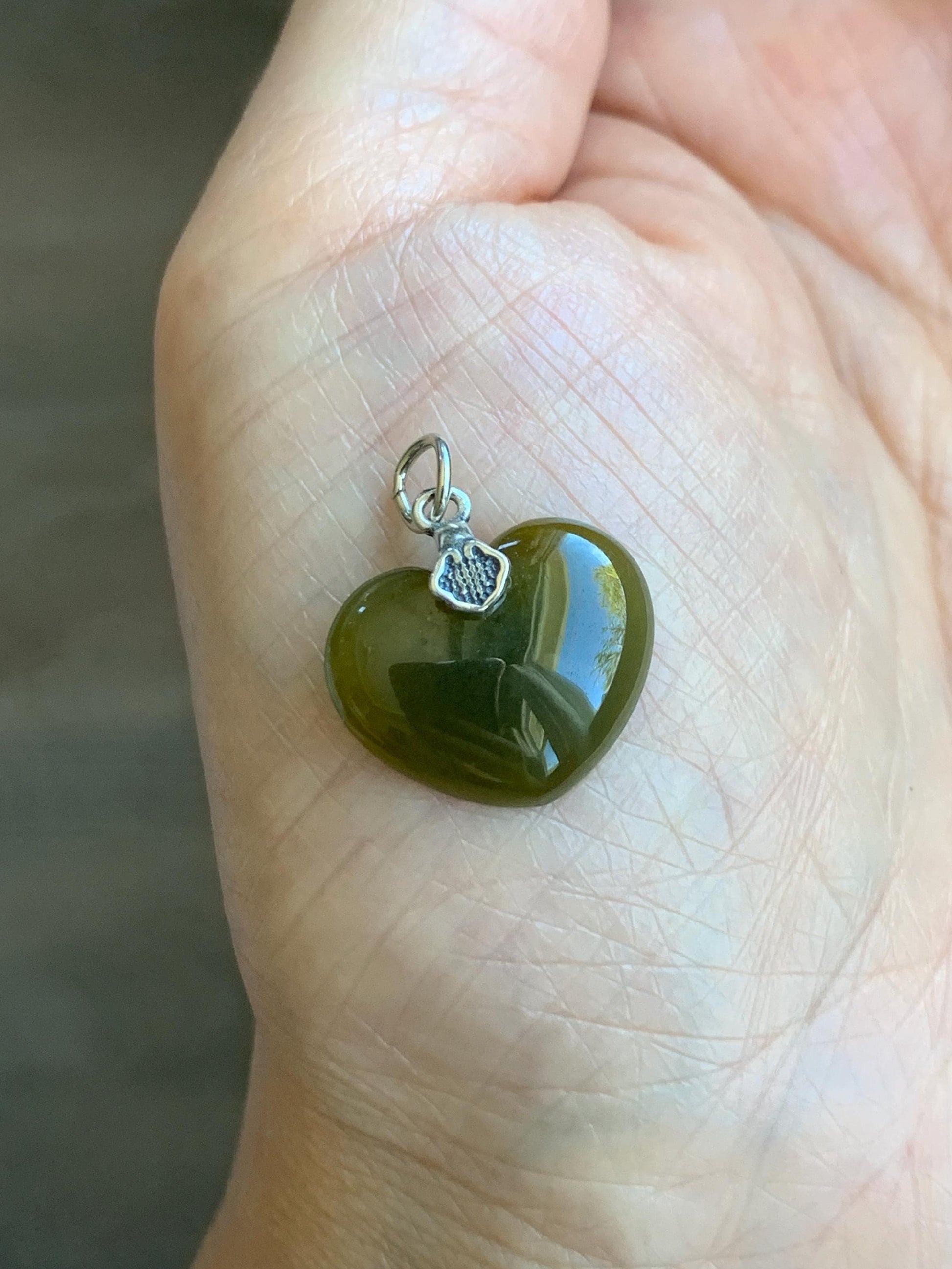 Natural Grade A Guatemalan Icy Translucent Deep Greenish Brown Jade Jadeite Heart Pendant Sterling Silver 2g 天然冰危深茶黄翡翠爱心吊坠 WCH70