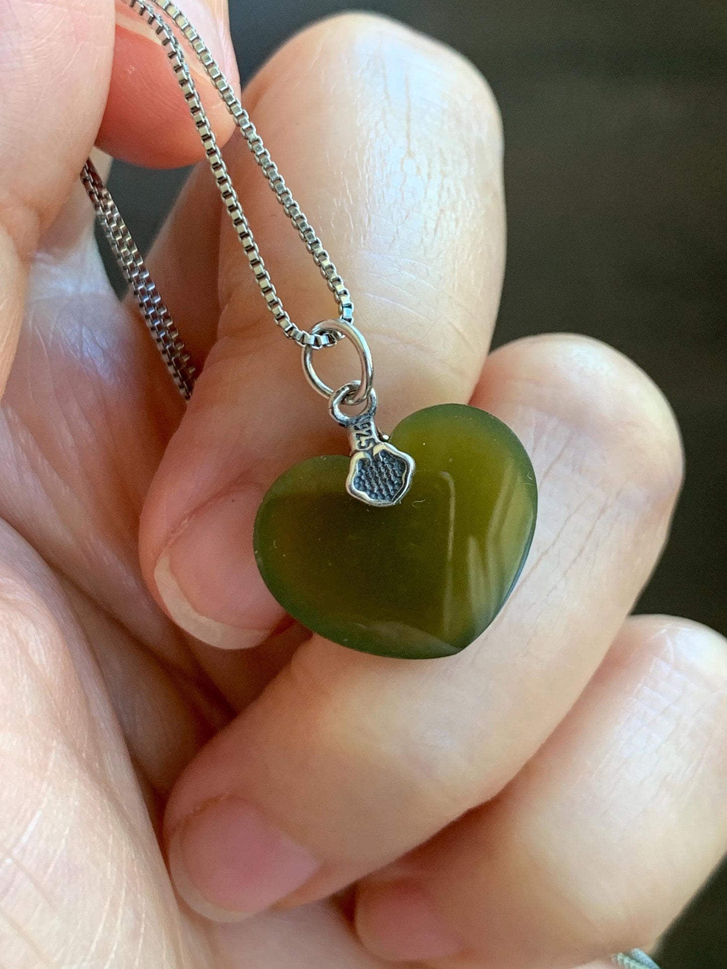 Natural Grade A Guatemalan Icy Translucent Deep Greenish Brown Jade Jadeite Heart Pendant Sterling Silver 2g 天然冰危深茶黄翡翠爱心吊坠 WCH70