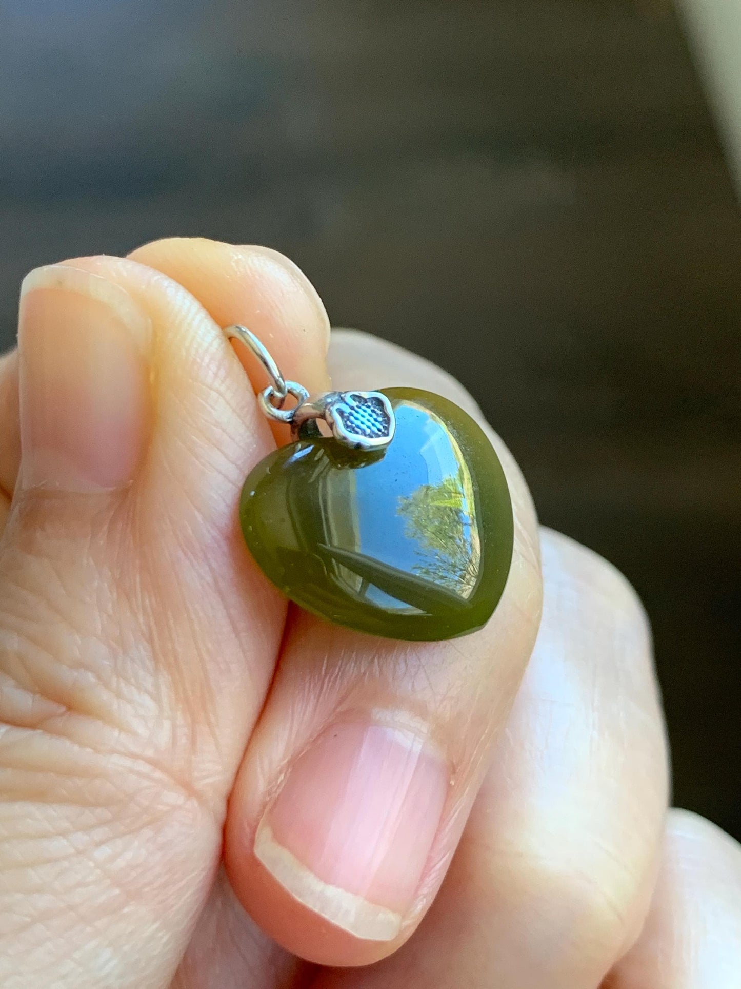 Natural Grade A Guatemalan Icy Translucent Deep Greenish Brown Jade Jadeite Heart Pendant Sterling Silver 2g 天然冰危深茶黄翡翠爱心吊坠 WCH70