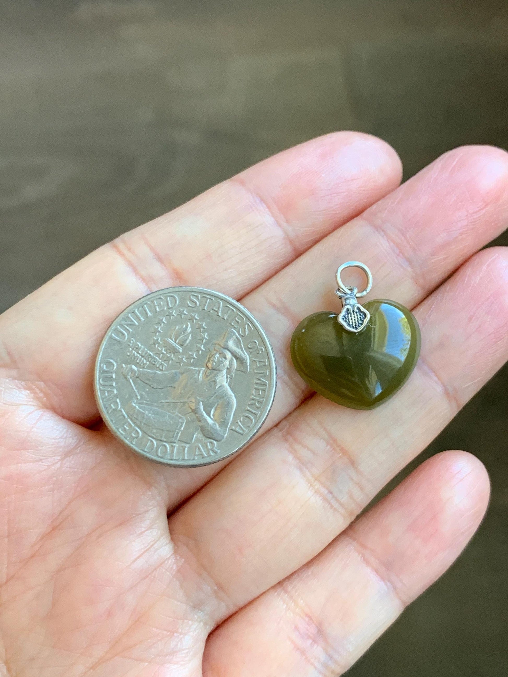 Natural Grade A Guatemalan Icy Translucent Deep Greenish Brown Jade Jadeite Heart Pendant Sterling Silver 2g 天然冰危深茶黄翡翠爱心吊坠 WCH70