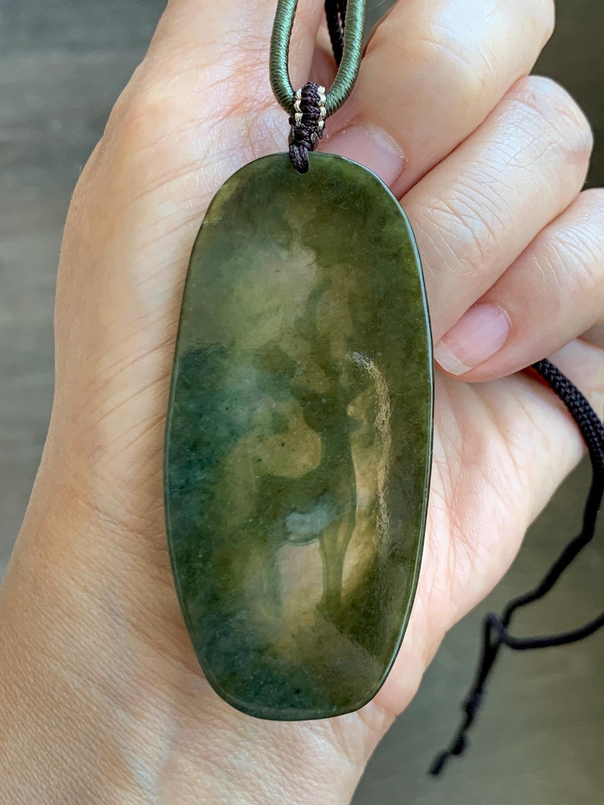 Natural Grade A Icy Translucent Dusty Olive Green Jade Jadeite Deer Cherry Blossom Pendant Rope Necklace 24.5” 14g 天然冰茶黄翡翠梅花鹿吊坠 MPL100