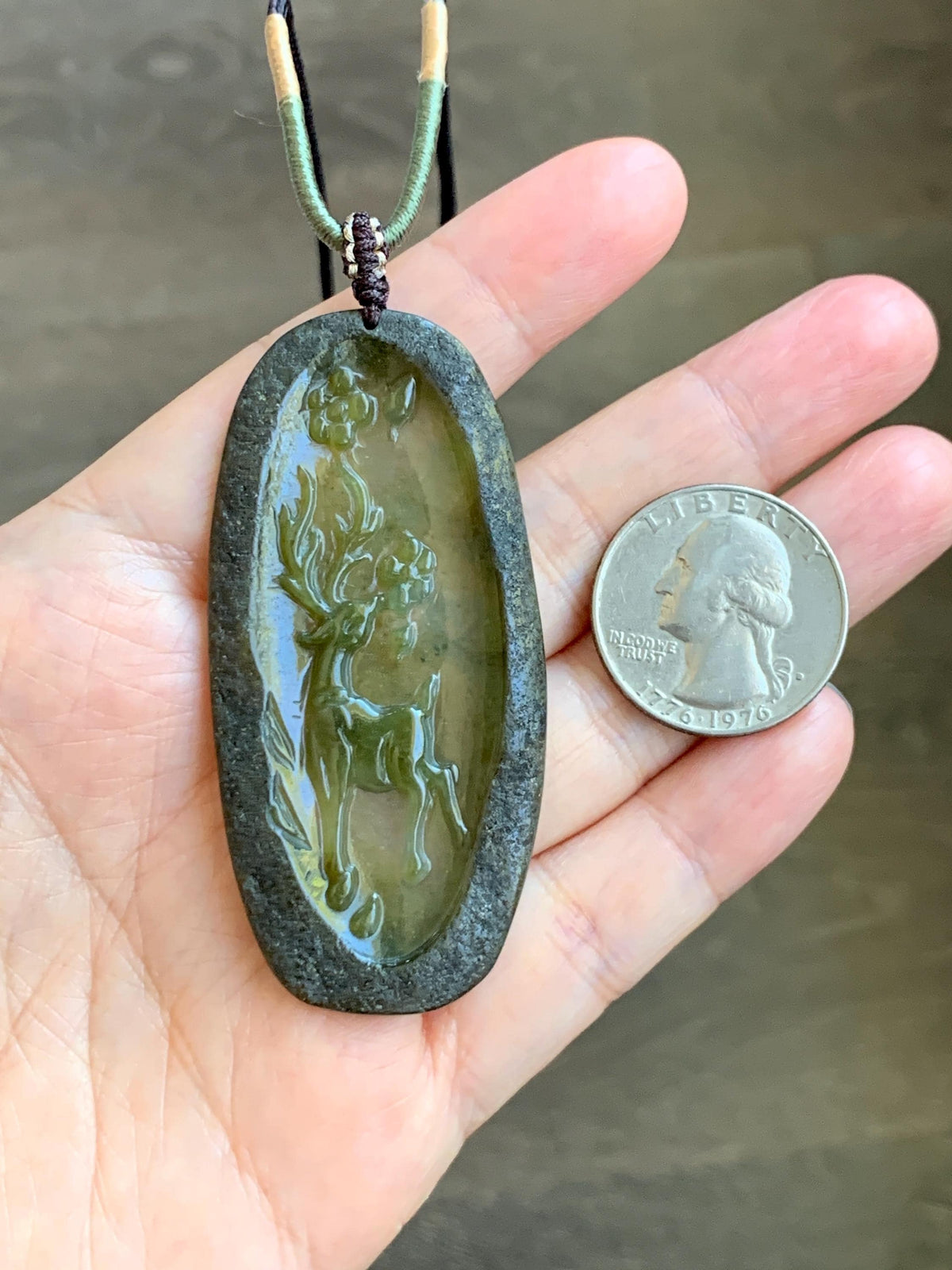 Natural Grade A Icy Translucent Dusty Olive Green Jade Jadeite Deer Cherry Blossom Pendant Rope Necklace 24.5” 14g 天然冰茶黄翡翠梅花鹿吊坠 MPL100