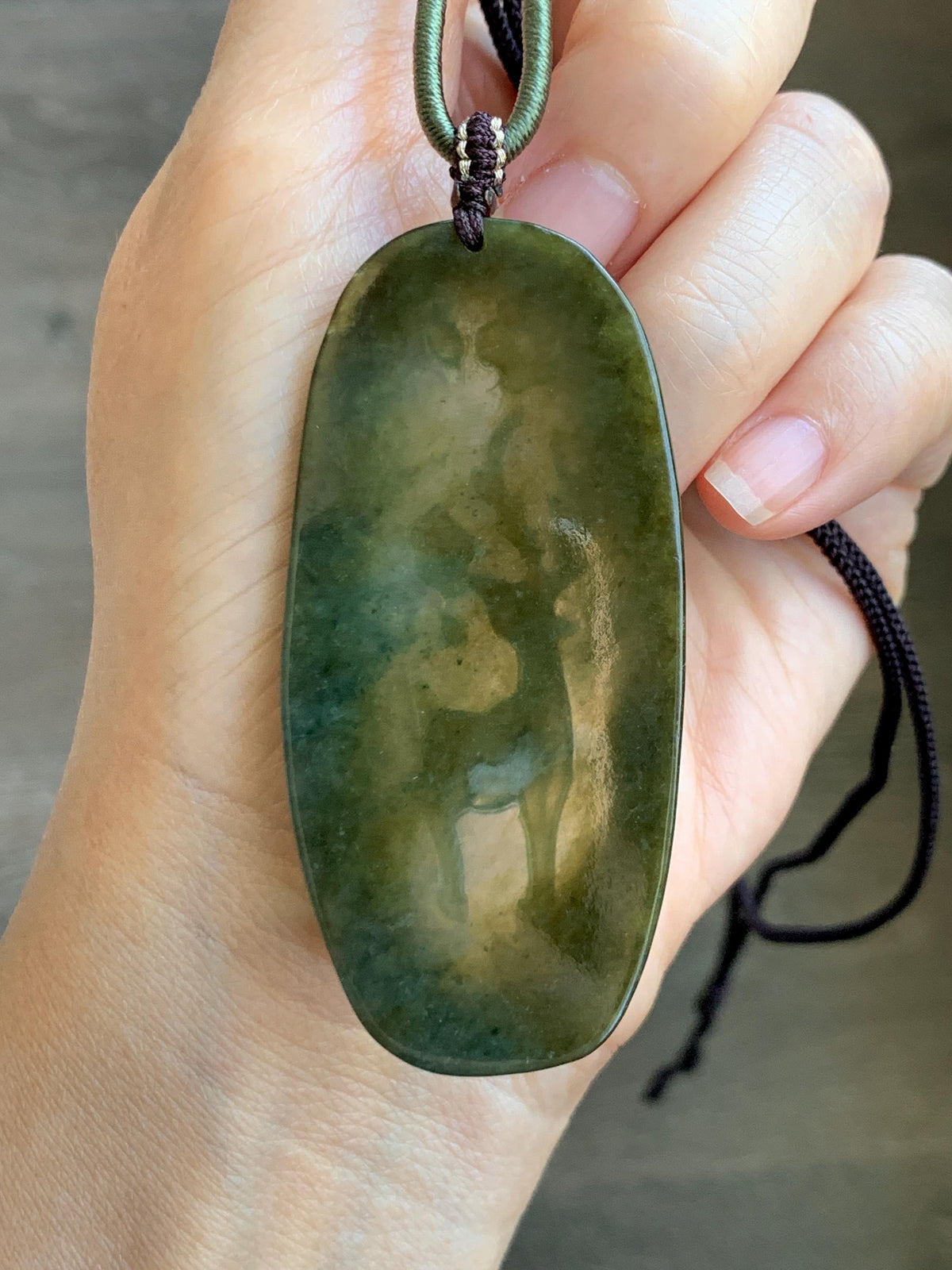 Natural Grade A Icy Translucent Dusty Olive Green Jade Jadeite Deer Cherry Blossom Pendant Rope Necklace 24.5” 14g 天然冰茶黄翡翠梅花鹿吊坠 MPL100