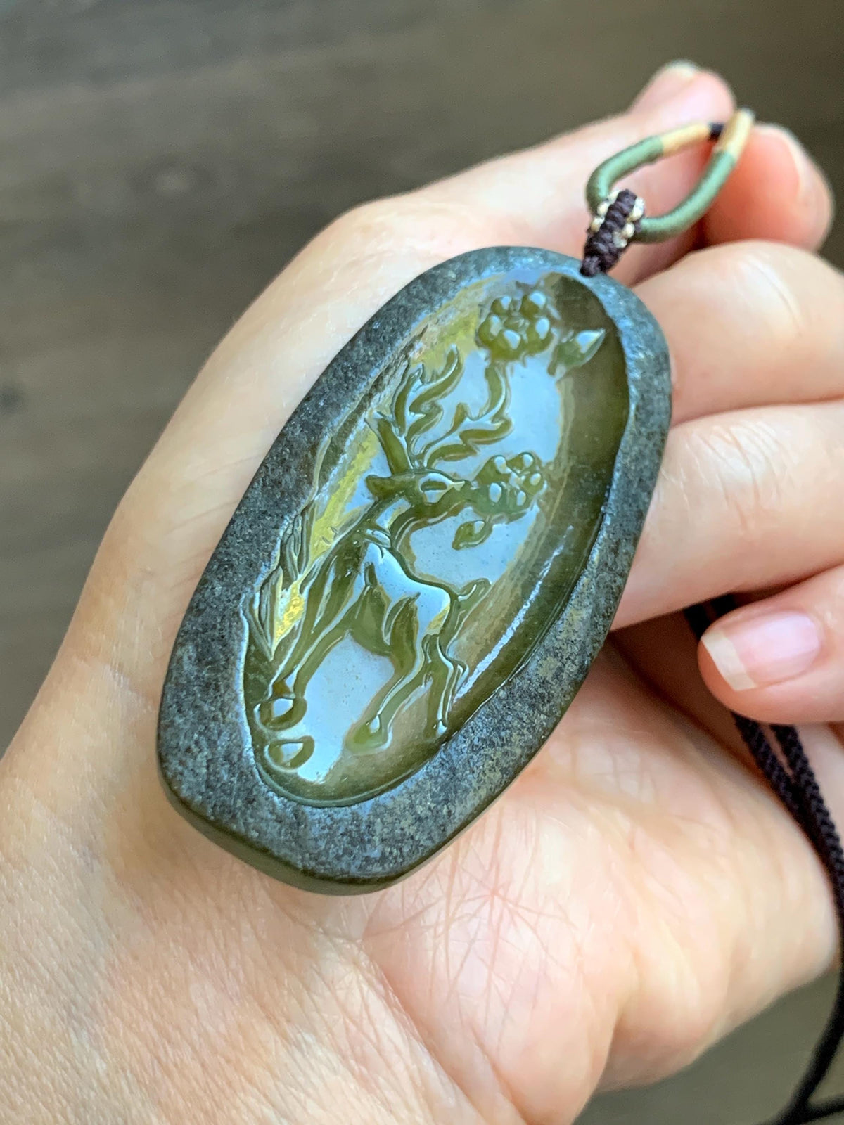 Natural Grade A Icy Translucent Dusty Olive Green Jade Jadeite Deer Cherry Blossom Pendant Rope Necklace 24.5” 14g 天然冰茶黄翡翠梅花鹿吊坠 MPL100