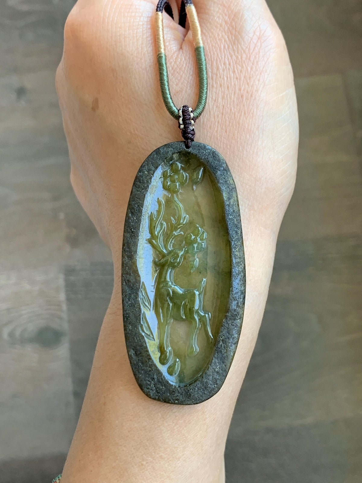 Natural Grade A Icy Translucent Dusty Olive Green Jade Jadeite Deer Cherry Blossom Pendant Rope Necklace 24.5” 14g 天然冰茶黄翡翠梅花鹿吊坠 MPL100