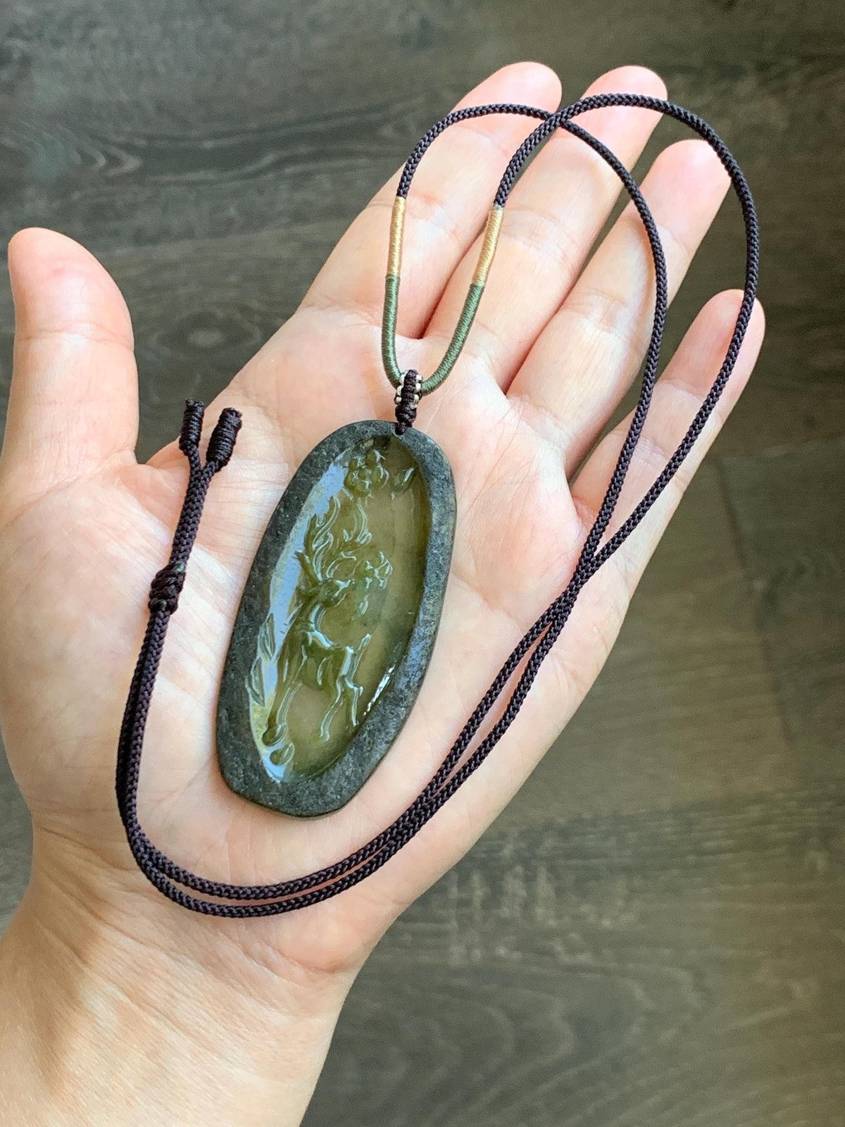 Natural Grade A Icy Translucent Dusty Olive Green Jade Jadeite Deer Cherry Blossom Pendant Rope Necklace 24.5” 14g 天然冰茶黄翡翠梅花鹿吊坠 MPL100