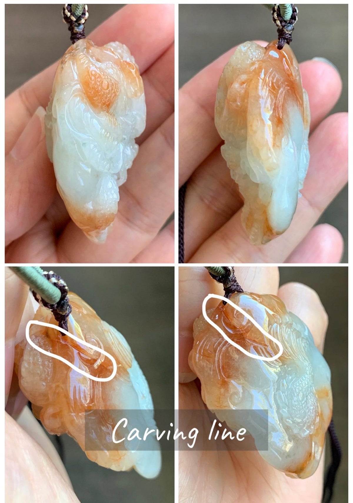 Certified Natural Grade A Icy Translucent Rust Red Marbled Jade Jadeite Carved Dragon Pendant Rope Necklace 24” 43g 天然冰胶飘红翡翠龙牌项链 970