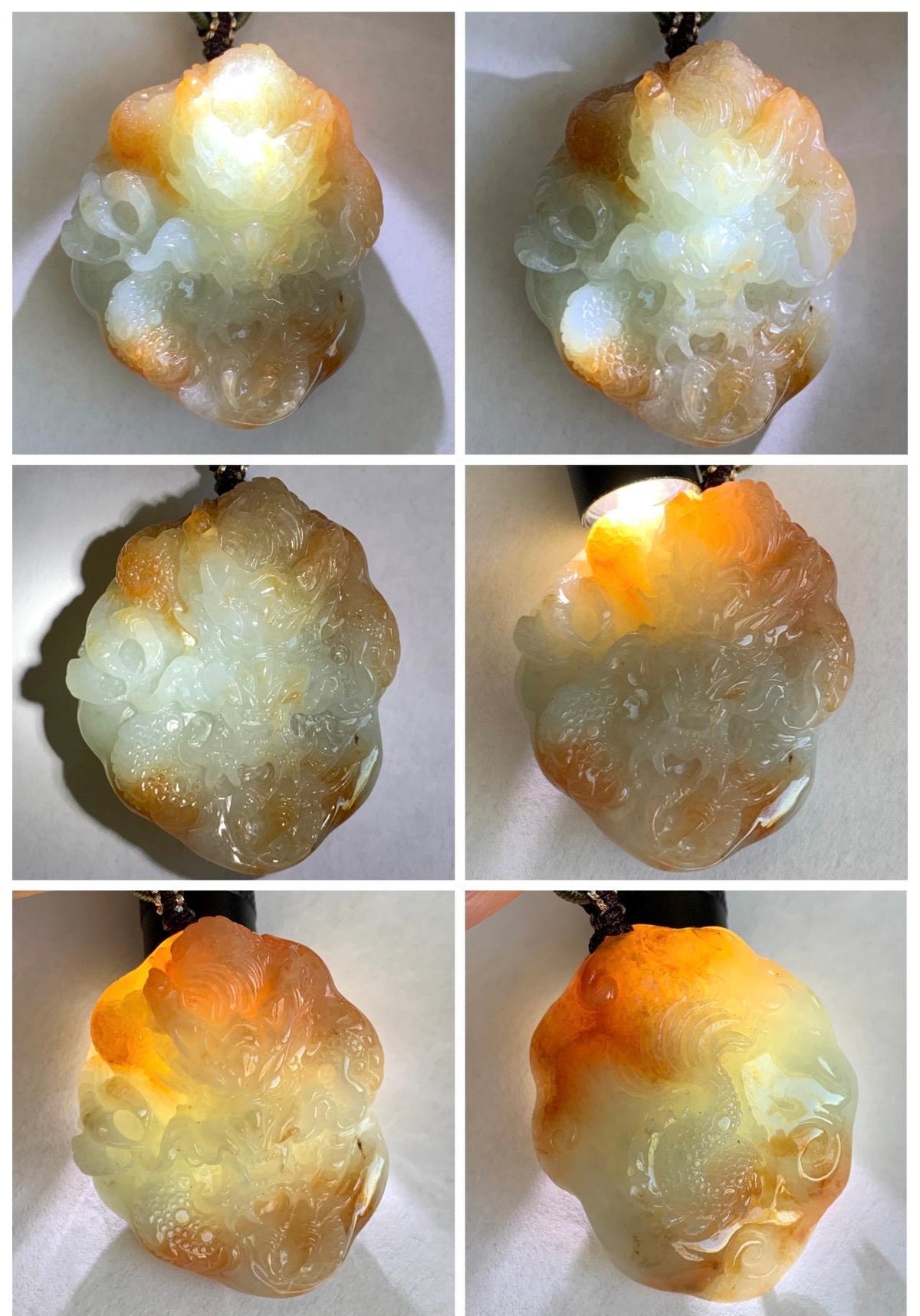 Certified Natural Grade A Icy Translucent Rust Red Marbled Jade Jadeite Carved Dragon Pendant Rope Necklace 24” 43g 天然冰胶飘红翡翠龙牌项链 970