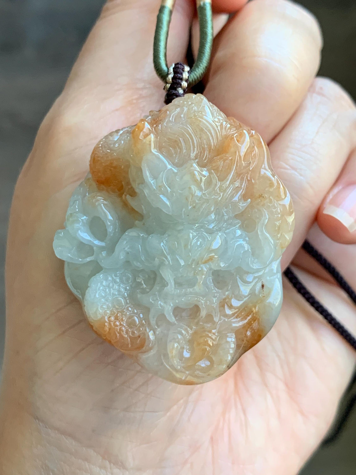 Certified Natural Grade A Icy Translucent Rust Red Marbled Jade Jadeite Carved Dragon Pendant Rope Necklace 24” 43g 天然冰胶飘红翡翠龙牌项链 970