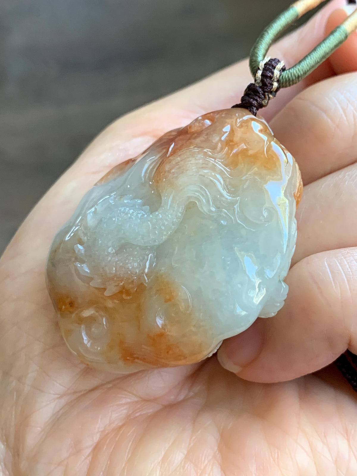 Certified Natural Grade A Icy Translucent Rust Red Marbled Jade Jadeite Carved Dragon Pendant Rope Necklace 24” 43g 天然冰胶飘红翡翠龙牌项链 970
