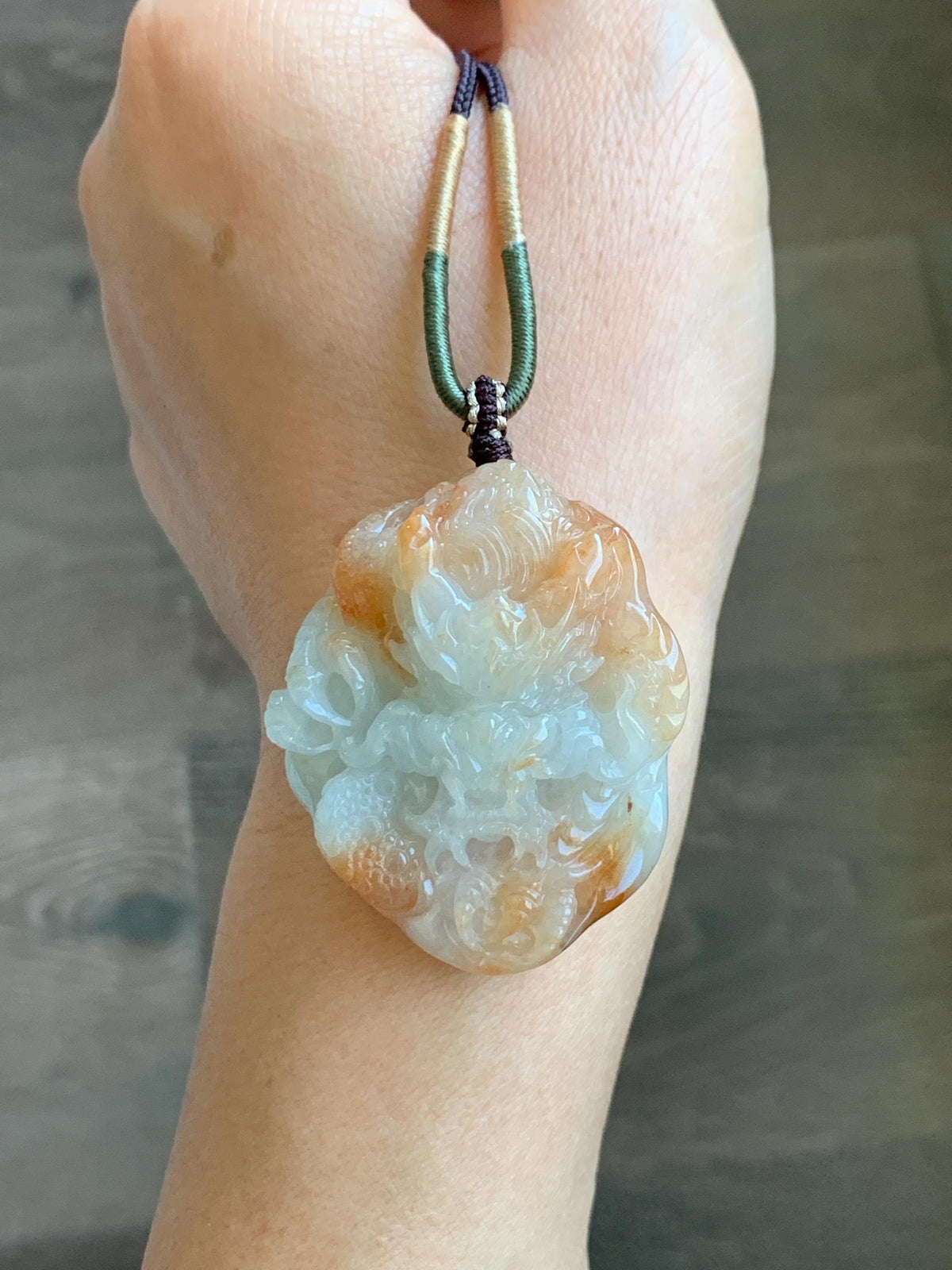 Certified Natural Grade A Icy Translucent Rust Red Marbled Jade Jadeite Carved Dragon Pendant Rope Necklace 24” 43g 天然冰胶飘红翡翠龙牌项链 970