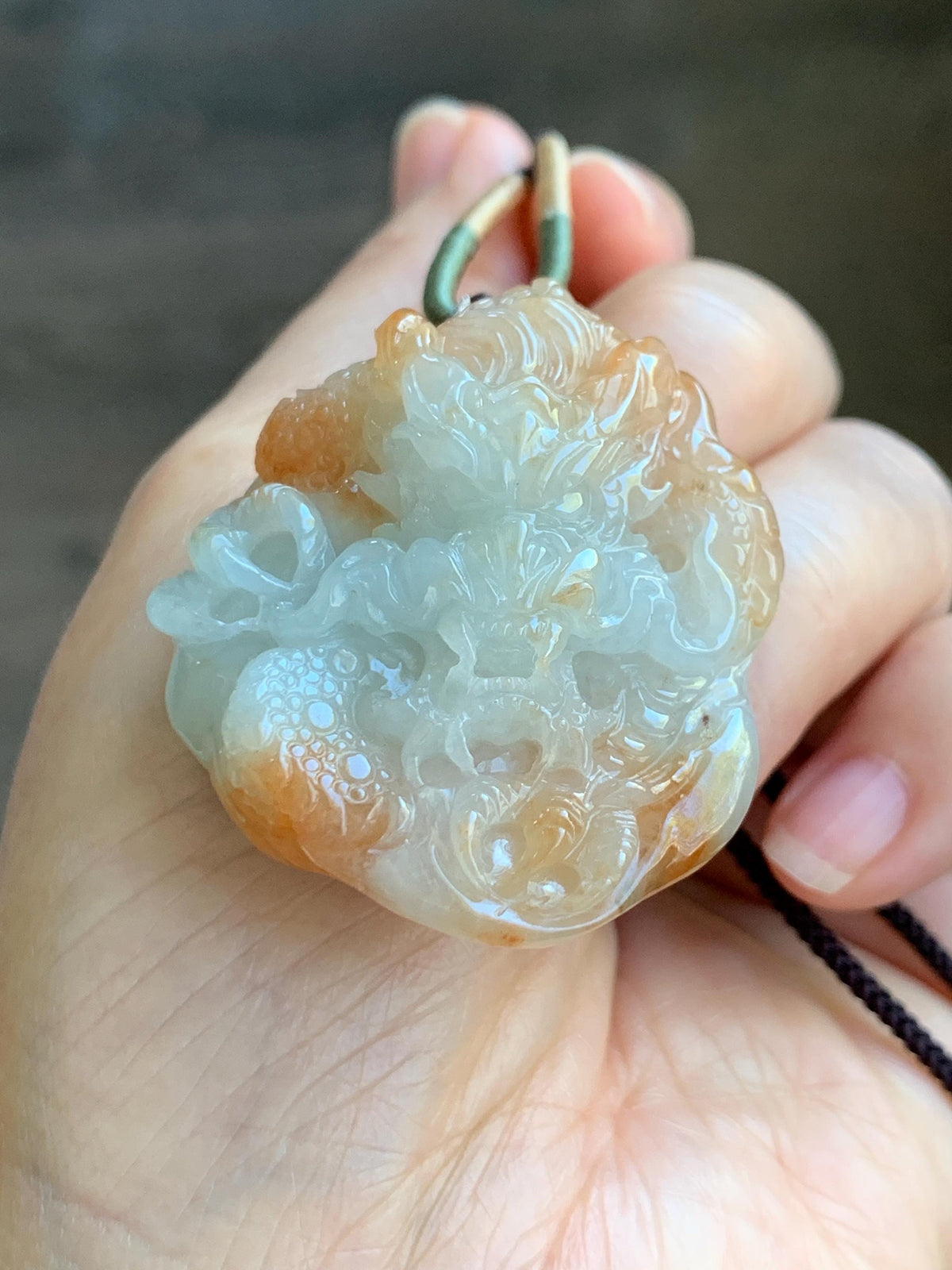 Certified Natural Grade A Icy Translucent Rust Red Marbled Jade Jadeite Carved Dragon Pendant Rope Necklace 24” 43g 天然冰胶飘红翡翠龙牌项链 970