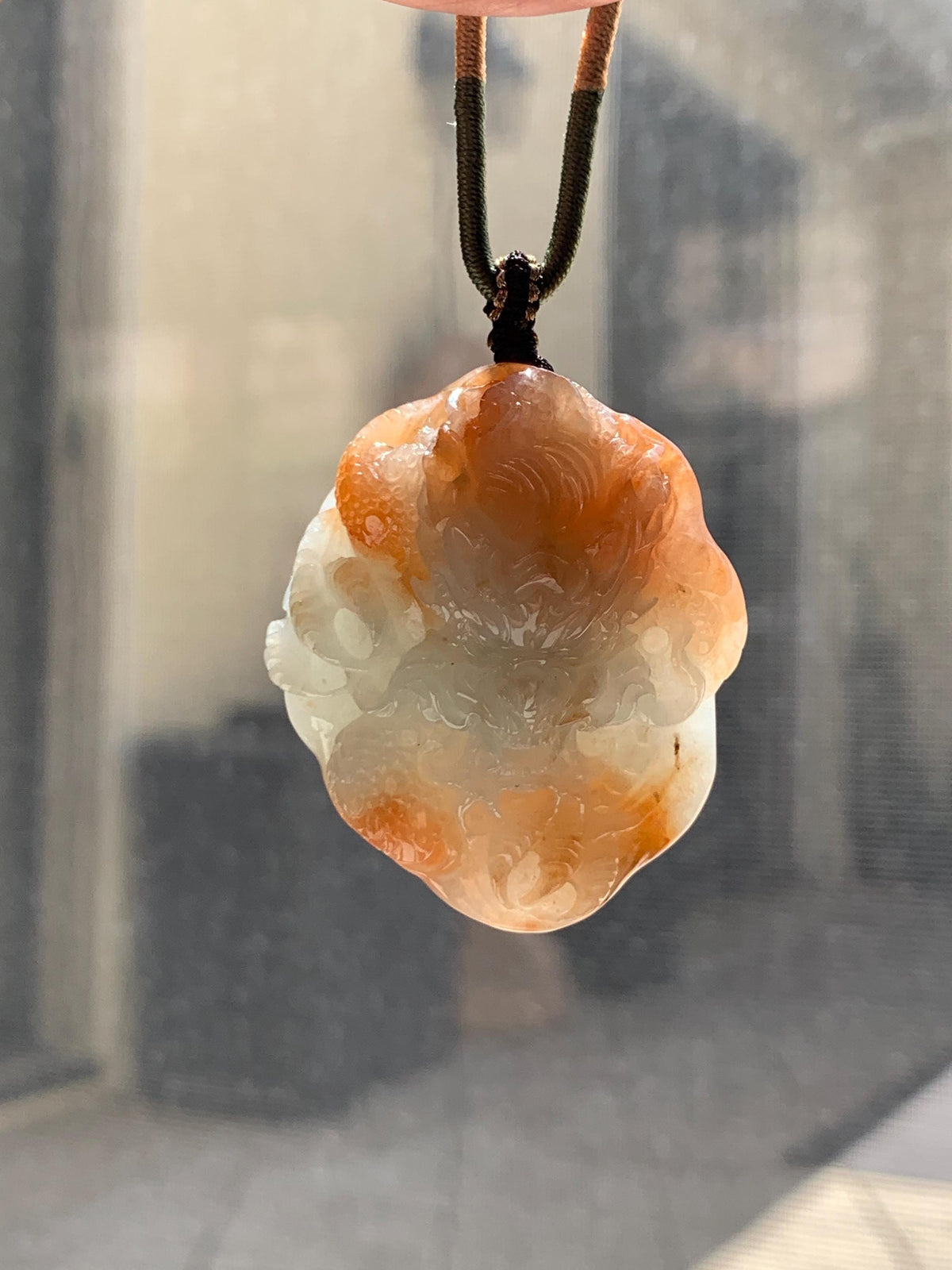 Certified Natural Grade A Icy Translucent Rust Red Marbled Jade Jadeite Carved Dragon Pendant Rope Necklace 24” 43g 天然冰胶飘红翡翠龙牌项链 970