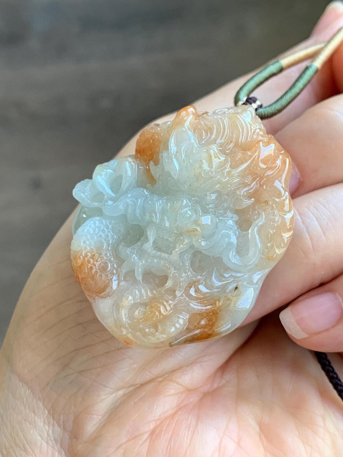 Certified Natural Grade A Icy Translucent Rust Red Marbled Jade Jadeite Carved Dragon Pendant Rope Necklace 24” 43g 天然冰胶飘红翡翠龙牌项链 970