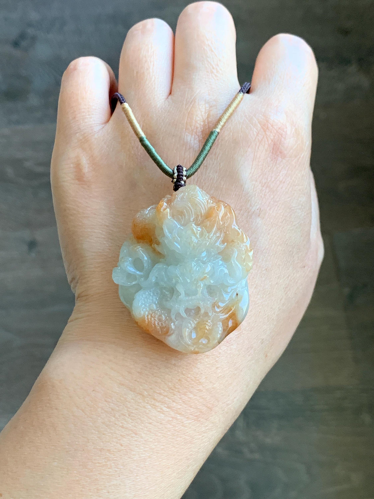 Certified Natural Grade A Icy Translucent Rust Red Marbled Jade Jadeite Carved Dragon Pendant Rope Necklace 24” 43g 天然冰胶飘红翡翠龙牌项链 970