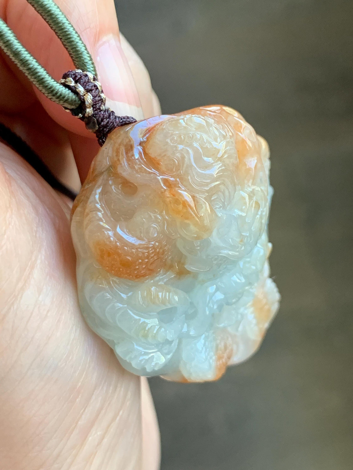 Certified Natural Grade A Icy Translucent Rust Red Marbled Jade Jadeite Carved Dragon Pendant Rope Necklace 24” 43g 天然冰胶飘红翡翠龙牌项链 970