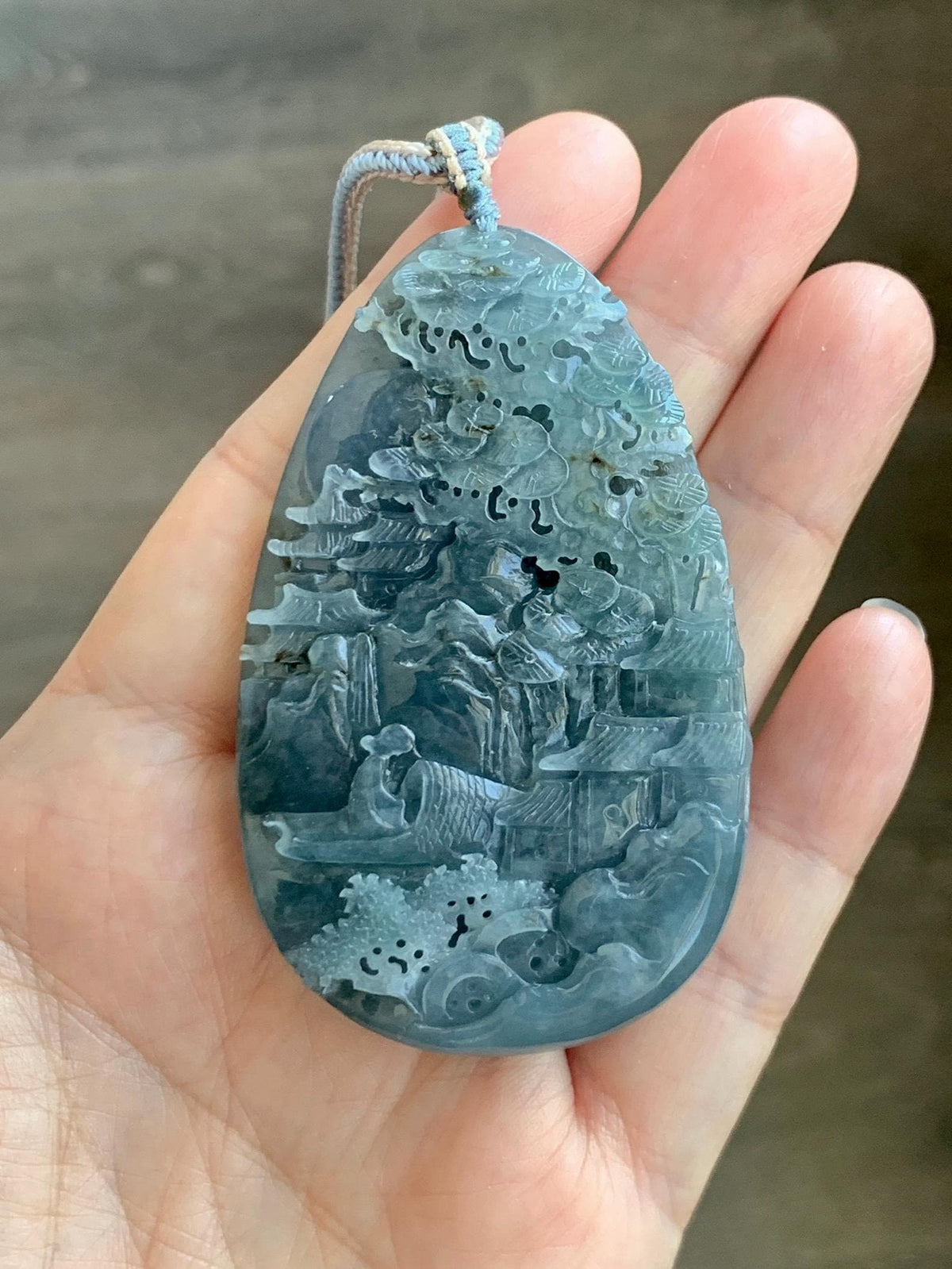 Certified Natural Grade A Guatemalan Icy Translucent Aegean Blue Jade Jadeite Shan Shui Large Pendant Rope Necklace 26” 47g 天然冰危牛仔蓝翡翠山水吊坠915