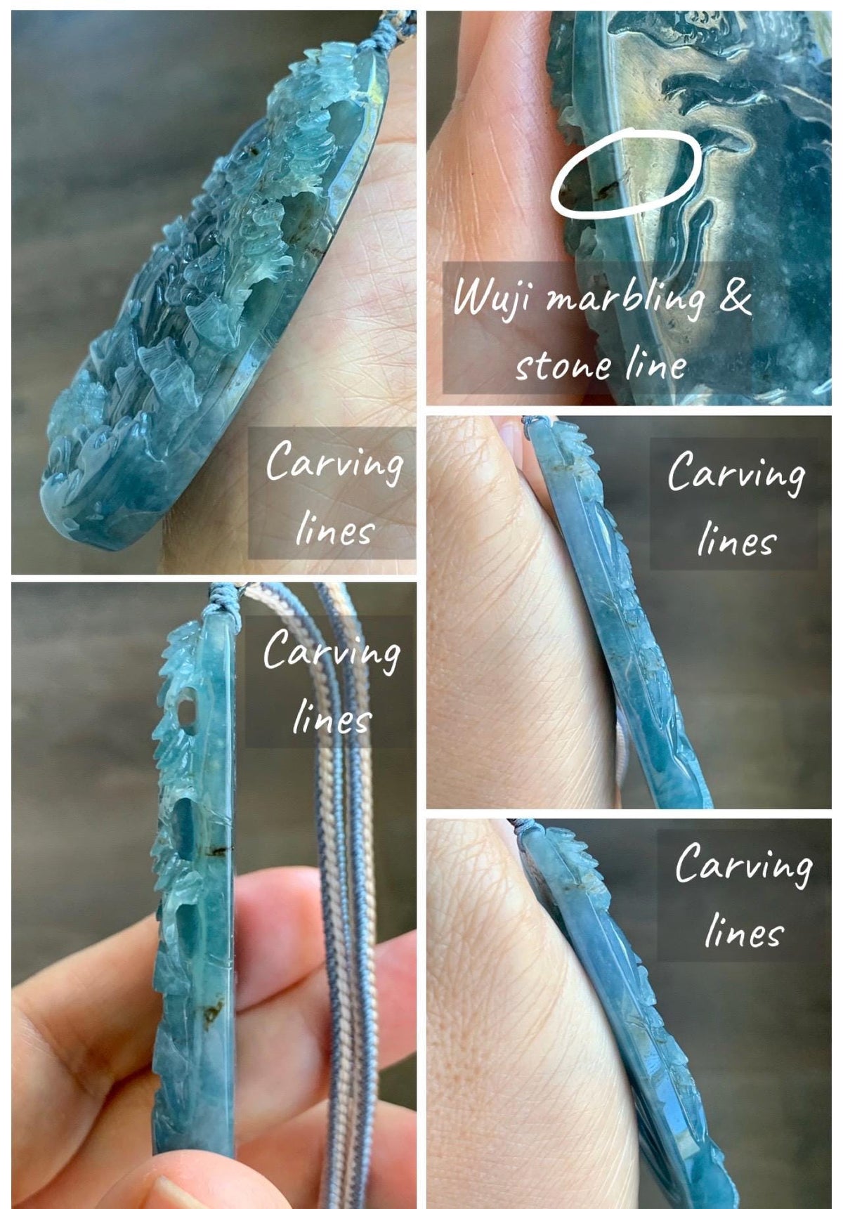 Certified Natural Grade A Guatemalan Icy Translucent Aegean Blue Jade Jadeite Shan Shui Large Pendant Rope Necklace 26” 47g 天然冰危牛仔蓝翡翠山水吊坠915