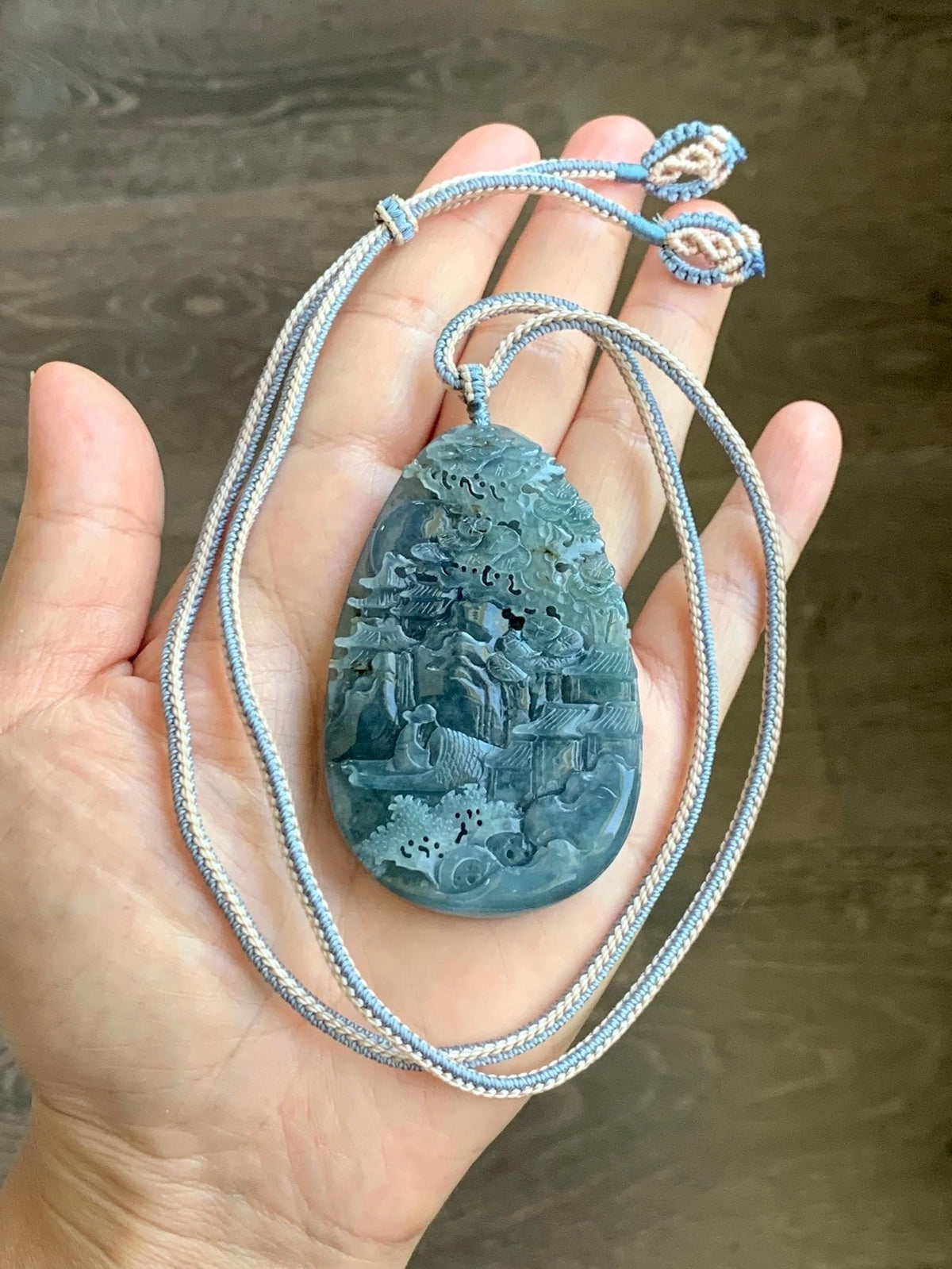 Certified Natural Grade A Guatemalan Icy Translucent Aegean Blue Jade Jadeite Shan Shui Large Pendant Rope Necklace 26” 47g 天然冰危牛仔蓝翡翠山水吊坠915