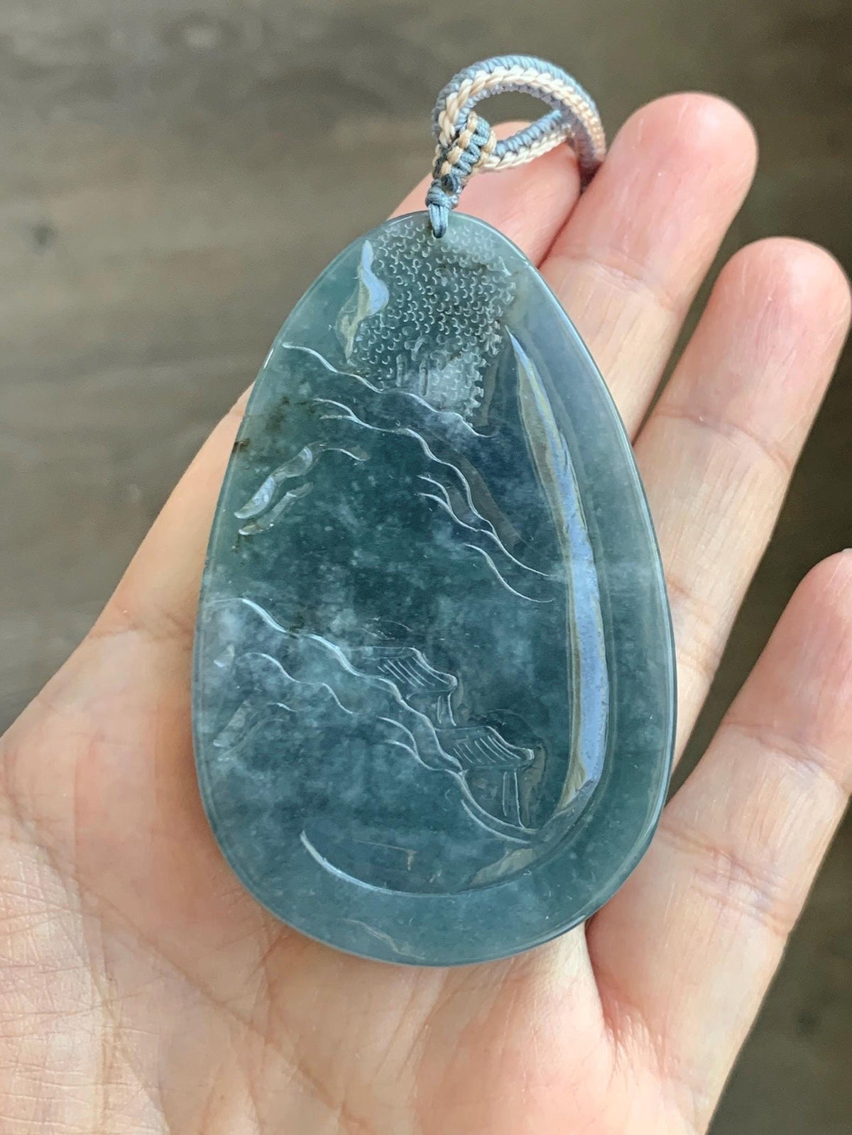 Certified Natural Grade A Guatemalan Icy Translucent Aegean Blue Jade Jadeite Shan Shui Large Pendant Rope Necklace 26” 47g 天然冰危牛仔蓝翡翠山水吊坠915