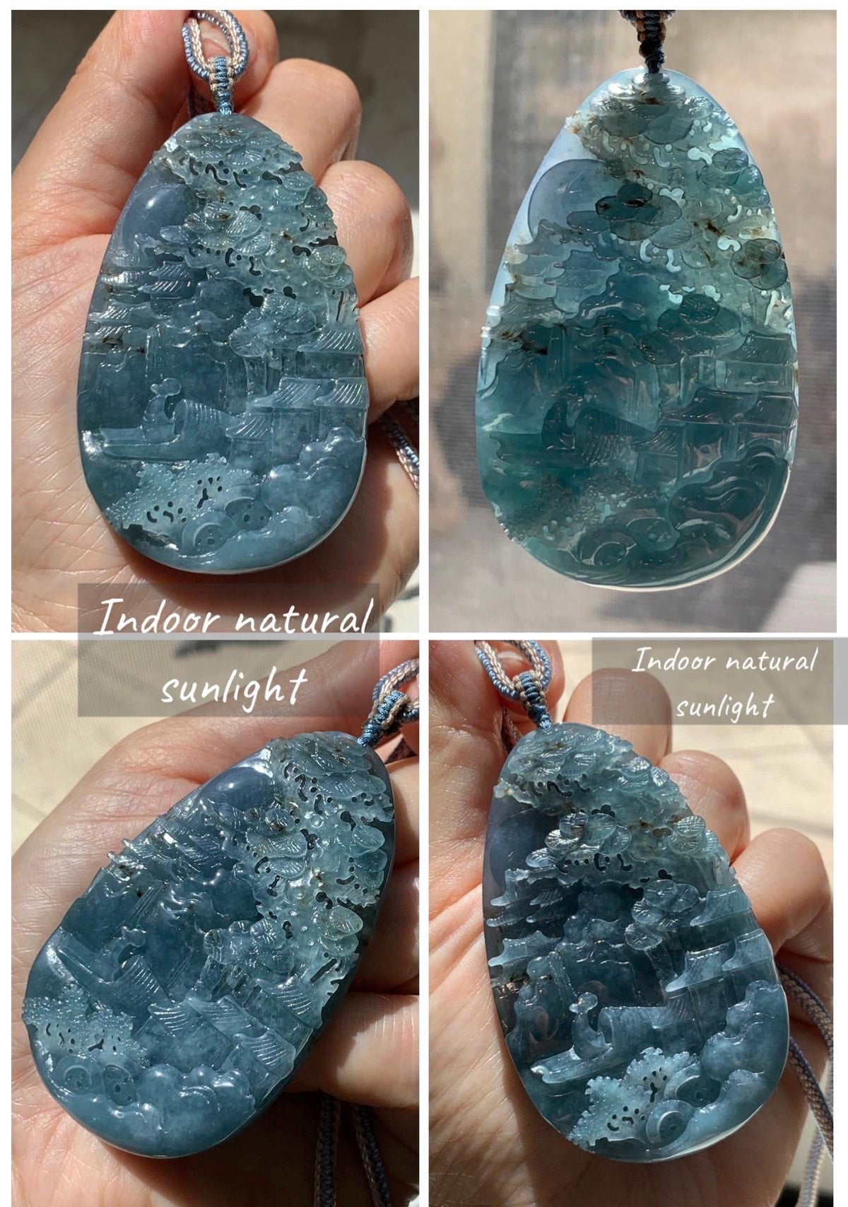 Certified Natural Grade A Guatemalan Icy Translucent Aegean Blue Jade Jadeite Shan Shui Large Pendant Rope Necklace 26” 47g 天然冰危牛仔蓝翡翠山水吊坠915
