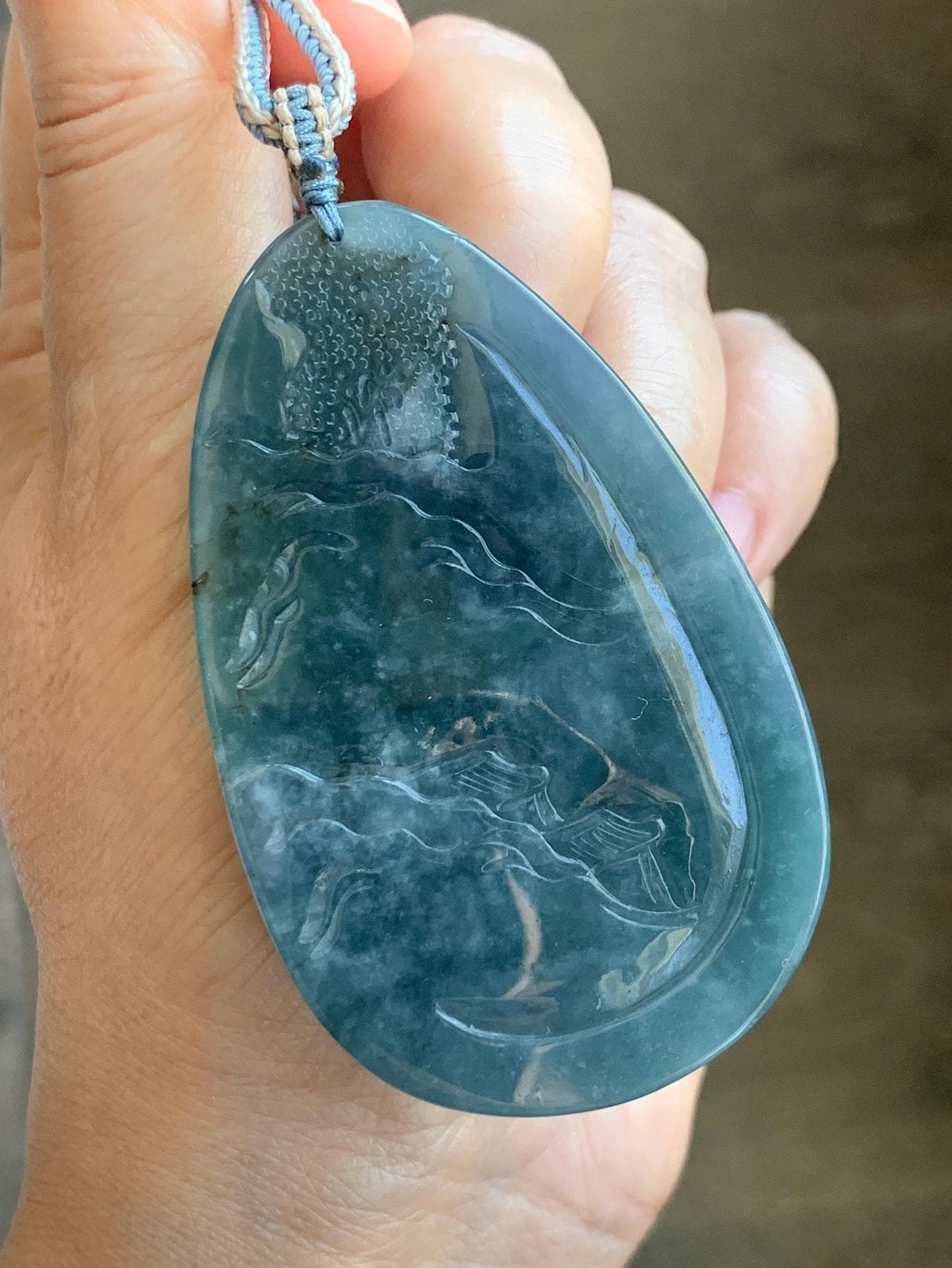Certified Natural Grade A Guatemalan Icy Translucent Aegean Blue Jade Jadeite Shan Shui Large Pendant Rope Necklace 26” 47g 天然冰危牛仔蓝翡翠山水吊坠915