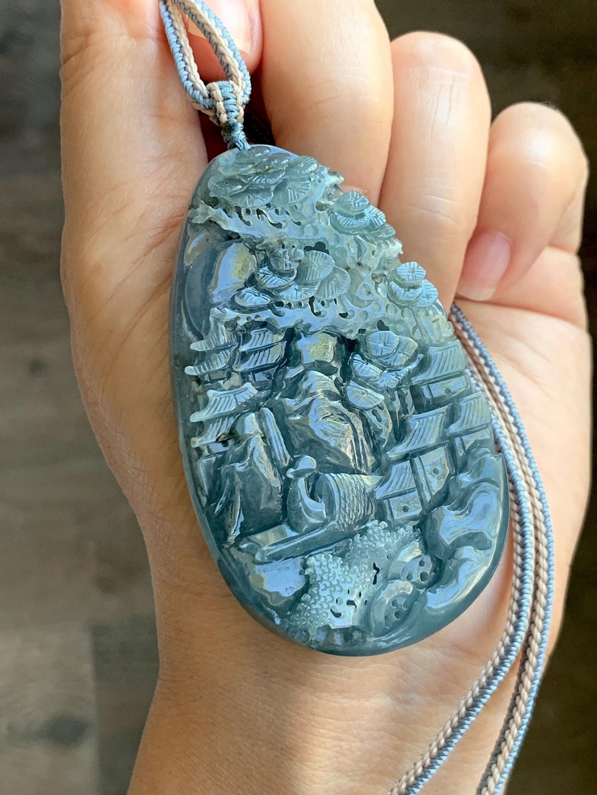 Certified Natural Grade A Guatemalan Icy Translucent Aegean Blue Jade Jadeite Shan Shui Large Pendant Rope Necklace 26” 47g 天然冰危牛仔蓝翡翠山水吊坠915