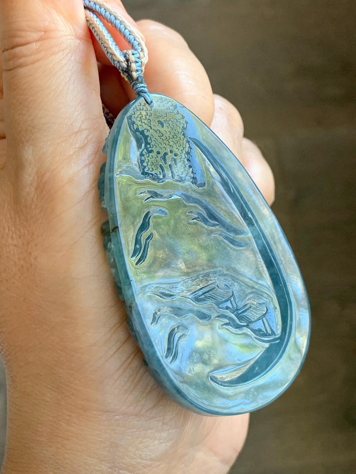 Certified Natural Grade A Guatemalan Icy Translucent Aegean Blue Jade Jadeite Shan Shui Large Pendant Rope Necklace 26” 47g 天然冰危牛仔蓝翡翠山水吊坠915