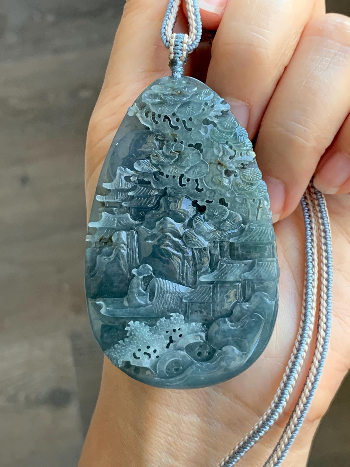 Certified Natural Grade A Guatemalan Icy Translucent Aegean Blue Jade Jadeite Shan Shui Large Pendant Rope Necklace 26” 47g 天然冰危牛仔蓝翡翠山水吊坠915
