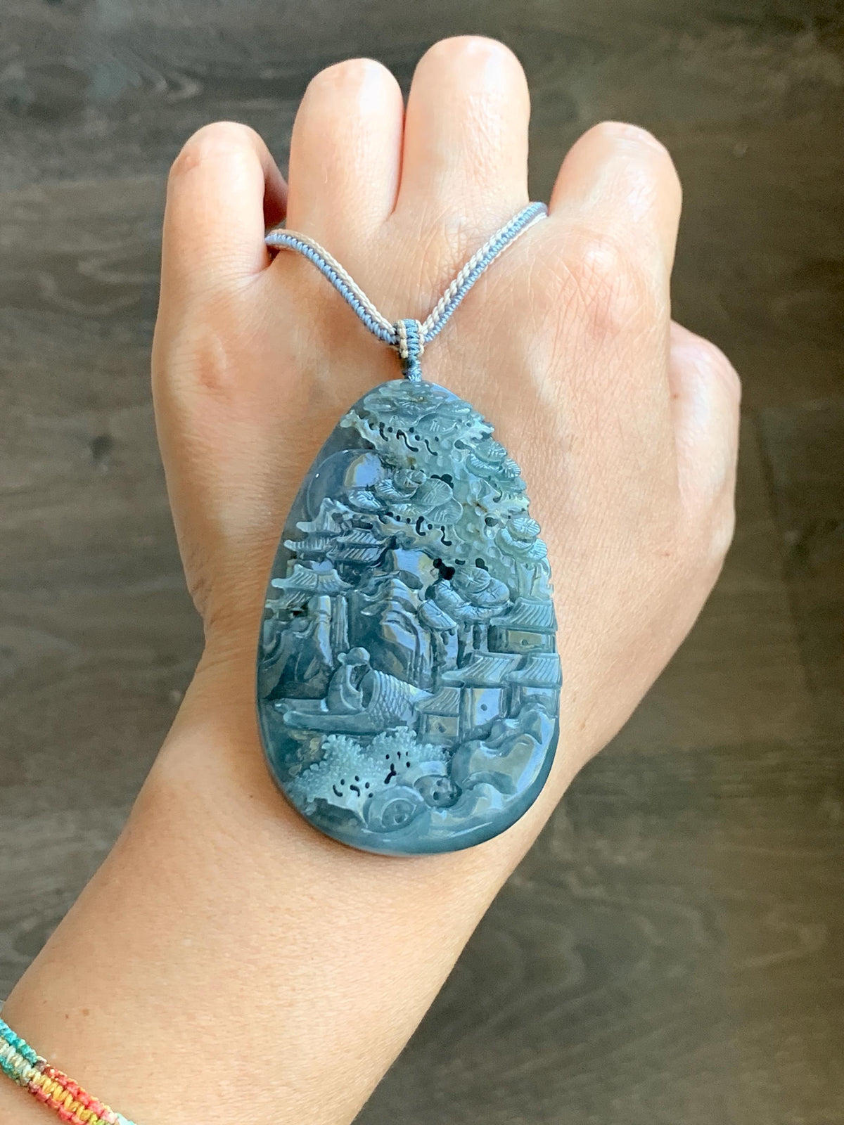 Certified Natural Grade A Guatemalan Icy Translucent Aegean Blue Jade Jadeite Shan Shui Large Pendant Rope Necklace 26” 47g 天然冰危牛仔蓝翡翠山水吊坠915