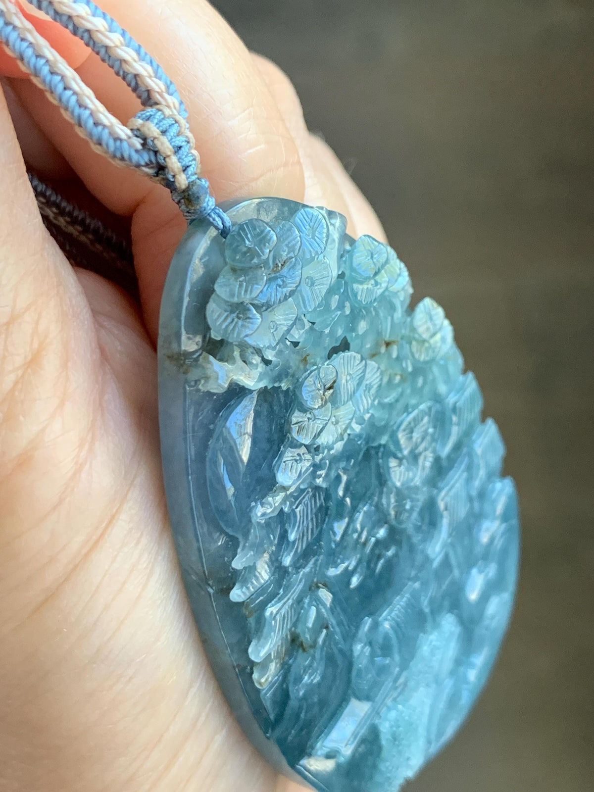 Certified Natural Grade A Guatemalan Icy Translucent Aegean Blue Jade Jadeite Shan Shui Large Pendant Rope Necklace 26” 47g 天然冰危牛仔蓝翡翠山水吊坠915