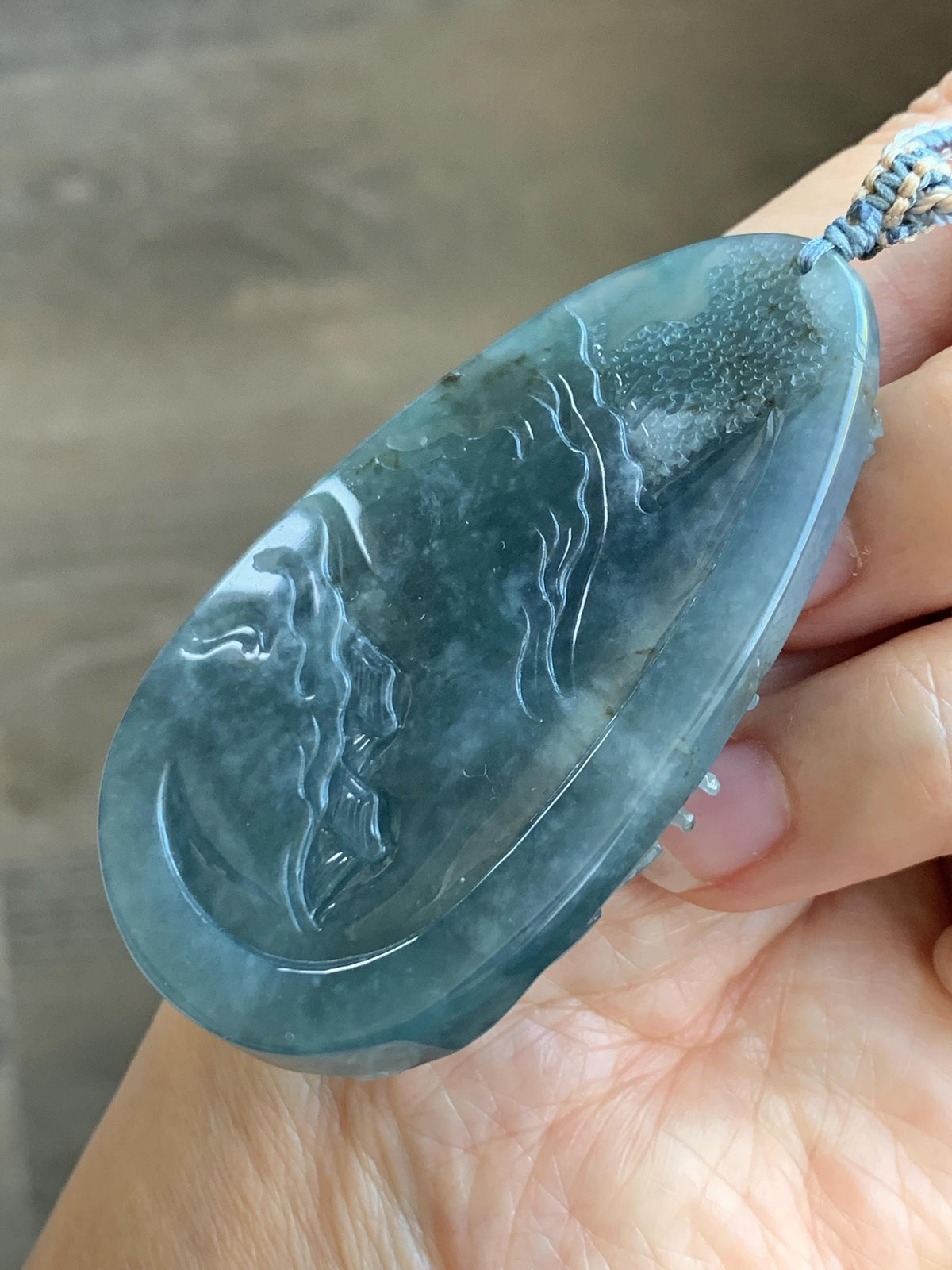 Certified Natural Grade A Guatemalan Icy Translucent Aegean Blue Jade Jadeite Shan Shui Large Pendant Rope Necklace 26” 47g 天然冰危牛仔蓝翡翠山水吊坠915