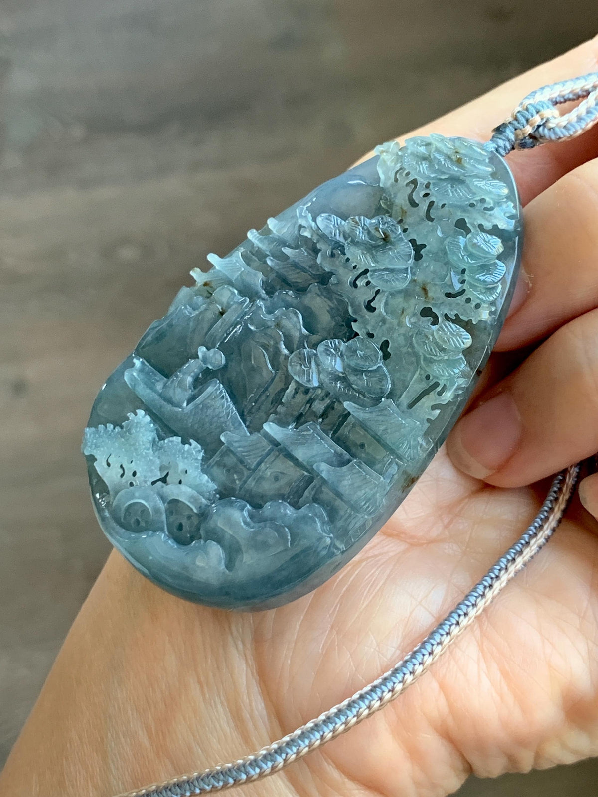 Certified Natural Grade A Guatemalan Icy Translucent Aegean Blue Jade Jadeite Shan Shui Large Pendant Rope Necklace 26” 47g 天然冰危牛仔蓝翡翠山水吊坠915