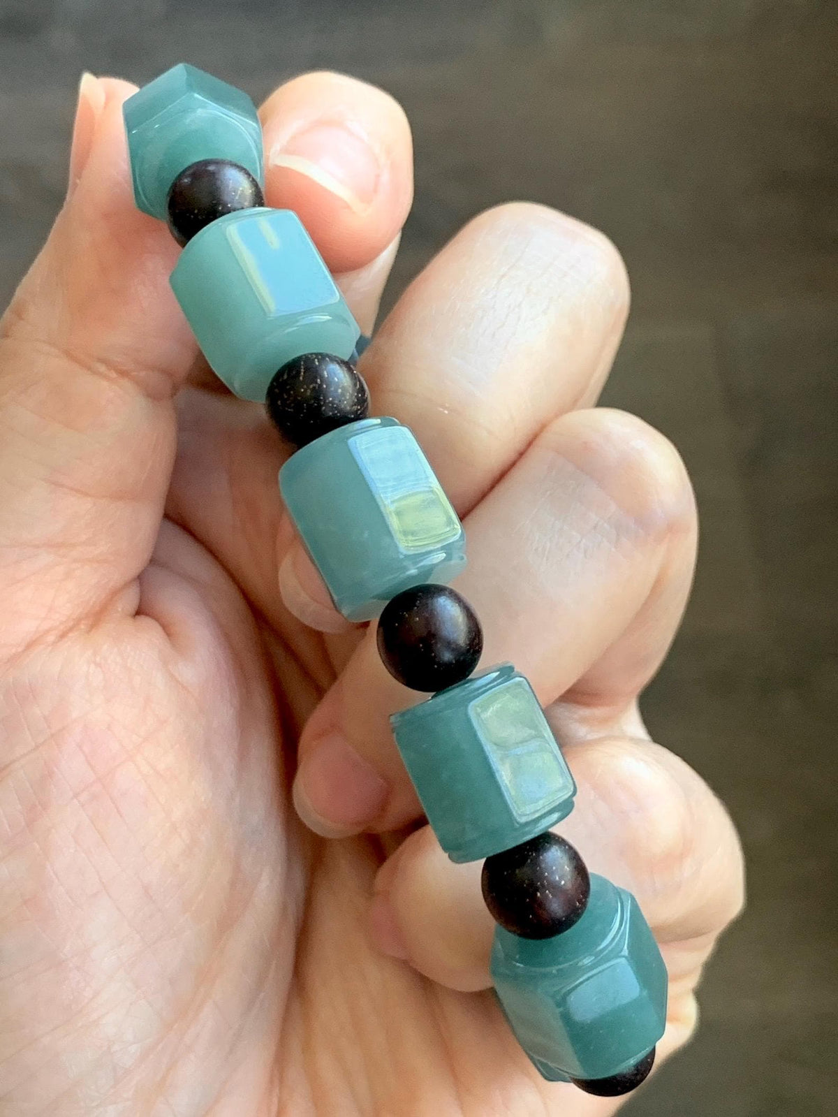 Natural Grade A Guatemalan Icy Translucent Dusty Teal Blue Jade Jadeite Hexagon Barrel Beads Beaded Bracelet 7.5” 46g 天然冰胶危蓝水翡翠六棱珠手串 WLL330