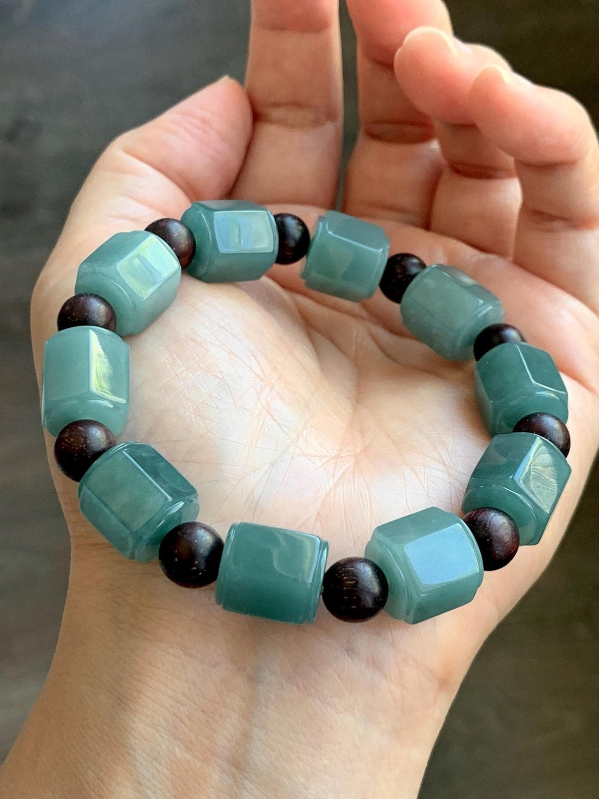 Natural Grade A Guatemalan Icy Translucent Dusty Teal Blue Jade Jadeite Hexagon Barrel Beads Beaded Bracelet 7.5” 46g 天然冰胶危蓝水翡翠六棱珠手串 WLL330