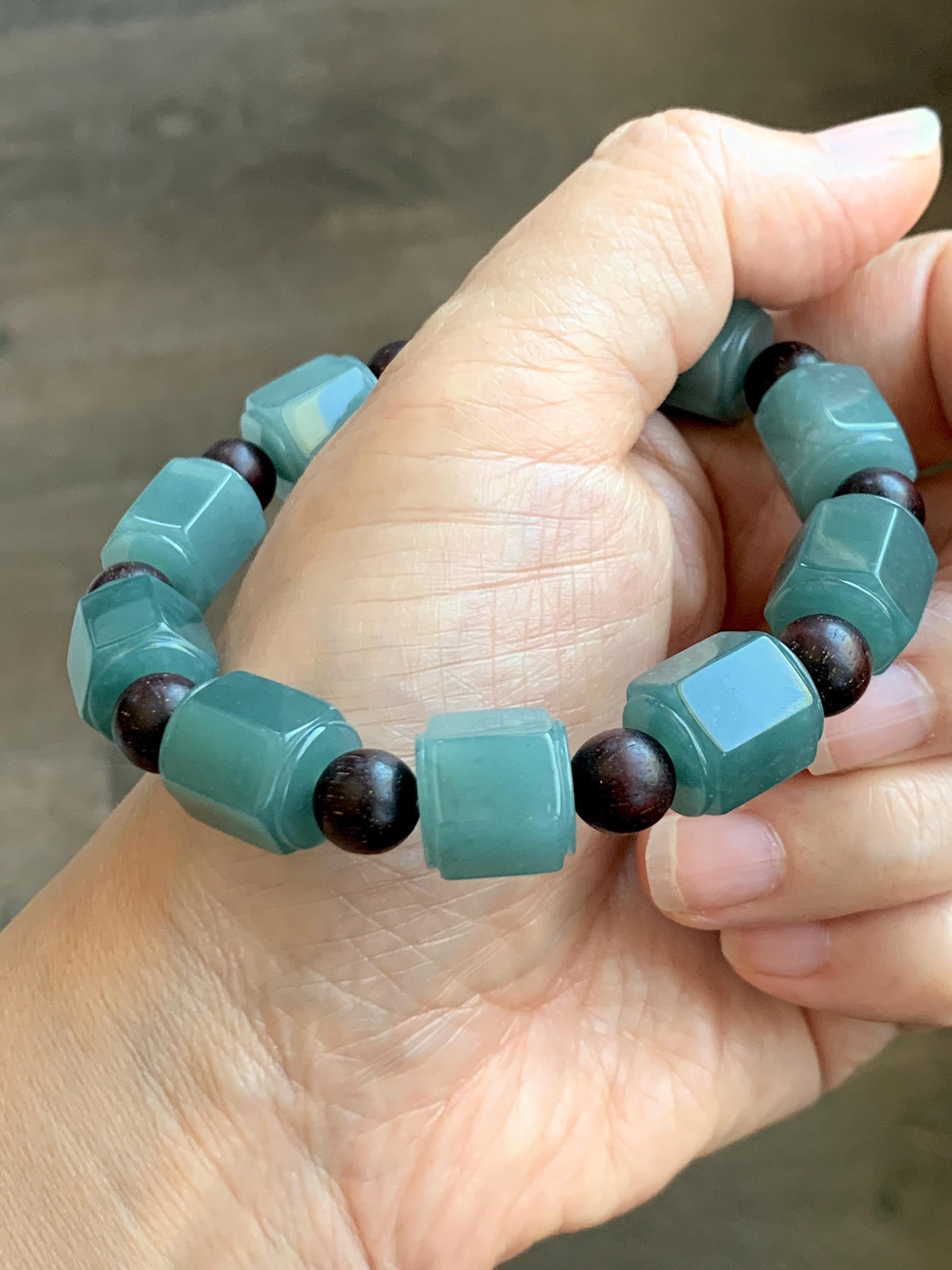 Natural Grade A Guatemalan Icy Translucent Dusty Teal Blue Jade Jadeite Hexagon Barrel Beads Beaded Bracelet 7.5” 46g 天然冰胶危蓝水翡翠六棱珠手串 WLL330