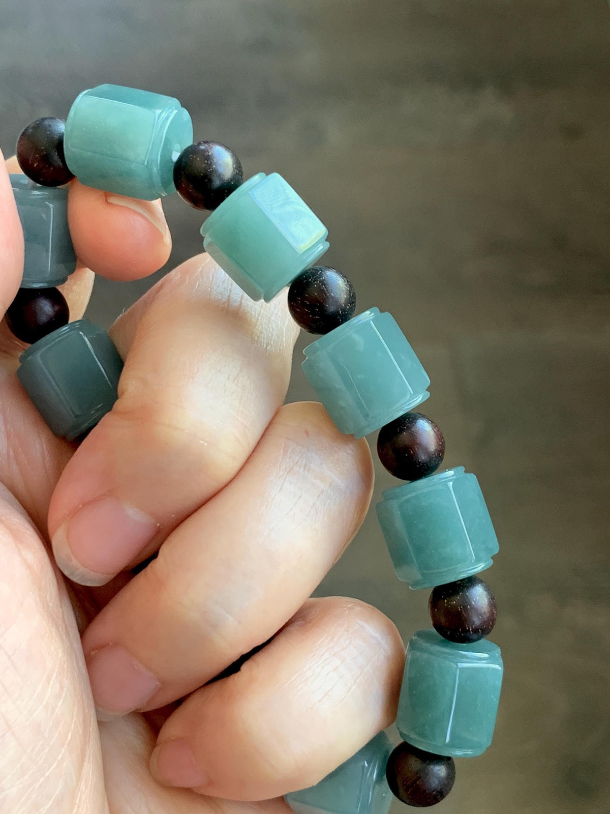 Natural Grade A Guatemalan Icy Translucent Dusty Teal Blue Jade Jadeite Hexagon Barrel Beads Beaded Bracelet 7.5” 46g 天然冰胶危蓝水翡翠六棱珠手串 WLL330