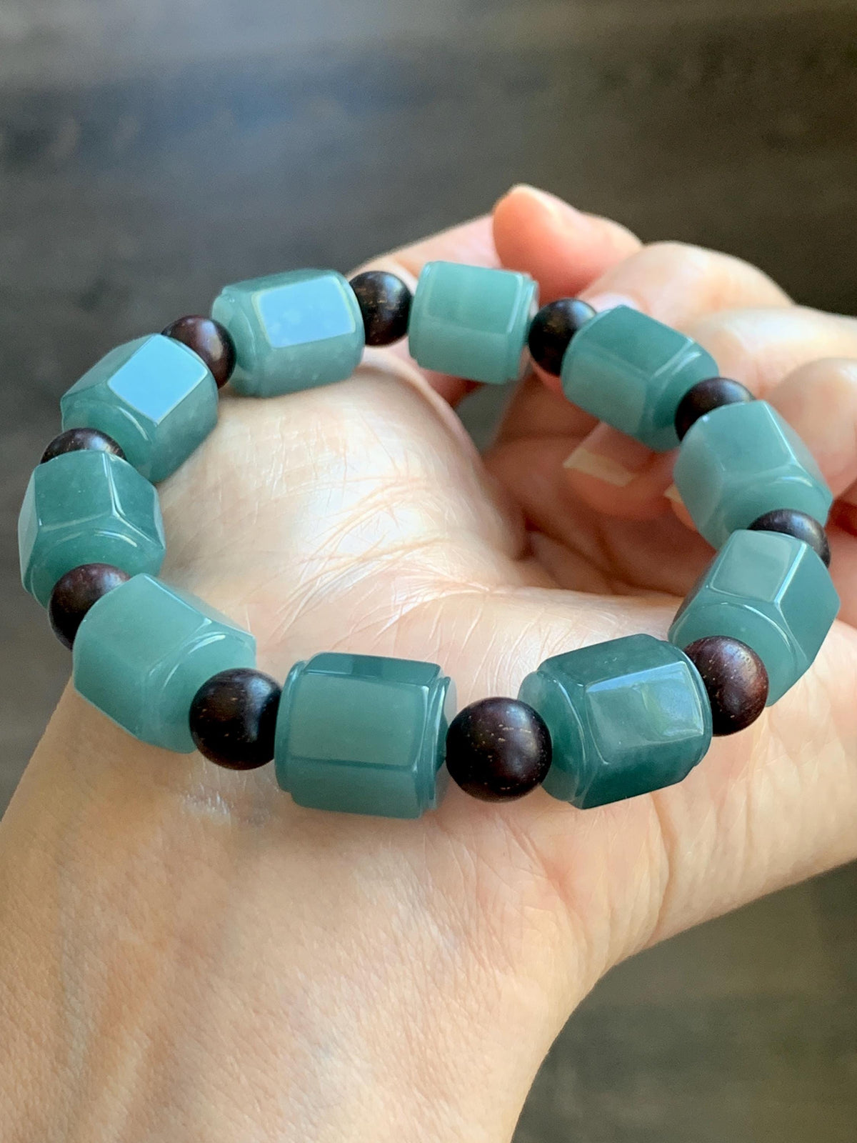 Natural Grade A Guatemalan Icy Translucent Dusty Teal Blue Jade Jadeite Hexagon Barrel Beads Beaded Bracelet 7.5” 46g 天然冰胶危蓝水翡翠六棱珠手串 WLL330