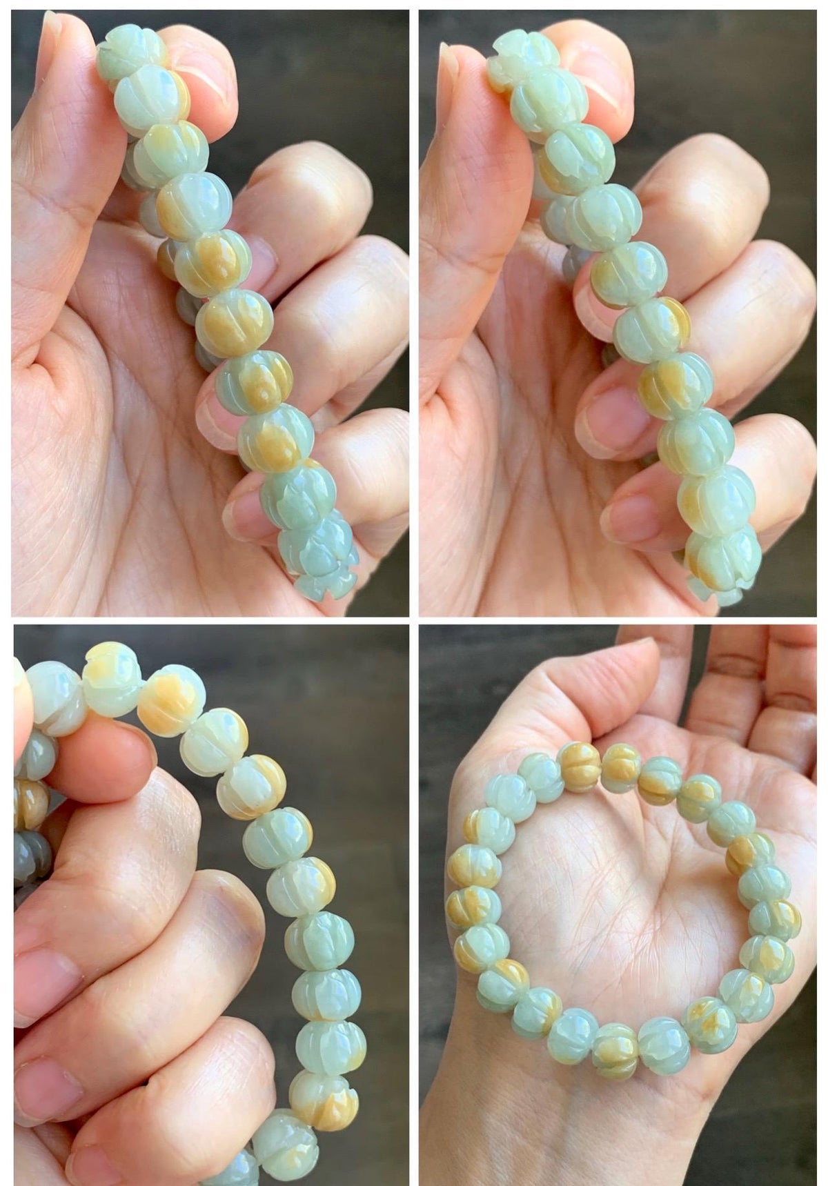 Certified Natural Grade A Icy Translucent Pale Green Yellow Marbled Jade Jadeite Lotus Flower Beads Beaded Bracelet 6.75” 天然冰胶绿加黄翡翠莲花珠手串 957