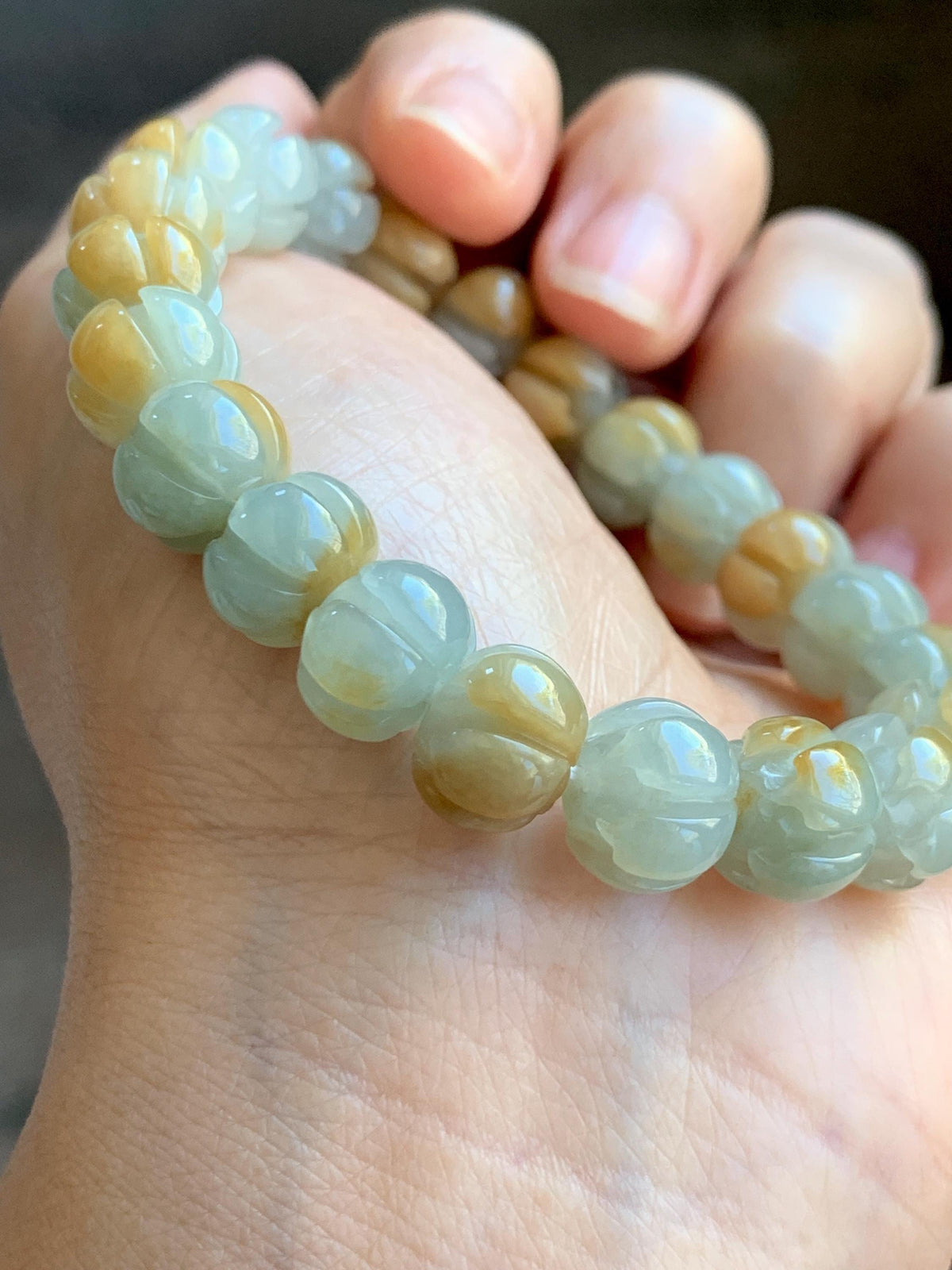 Certified Natural Grade A Icy Translucent Pale Green Yellow Marbled Jade Jadeite Lotus Flower Beads Beaded Bracelet 6.75” 天然冰胶绿加黄翡翠莲花珠手串 957